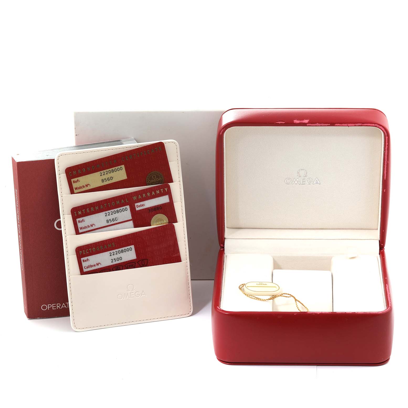 The image shows an empty Omega Seamaster 2220.80.00 Men's Stainless Steel Blue Dial 2220.80.00 Men's Stainless Steel Blue Dial box with warranty and certification cards displayed beside it.