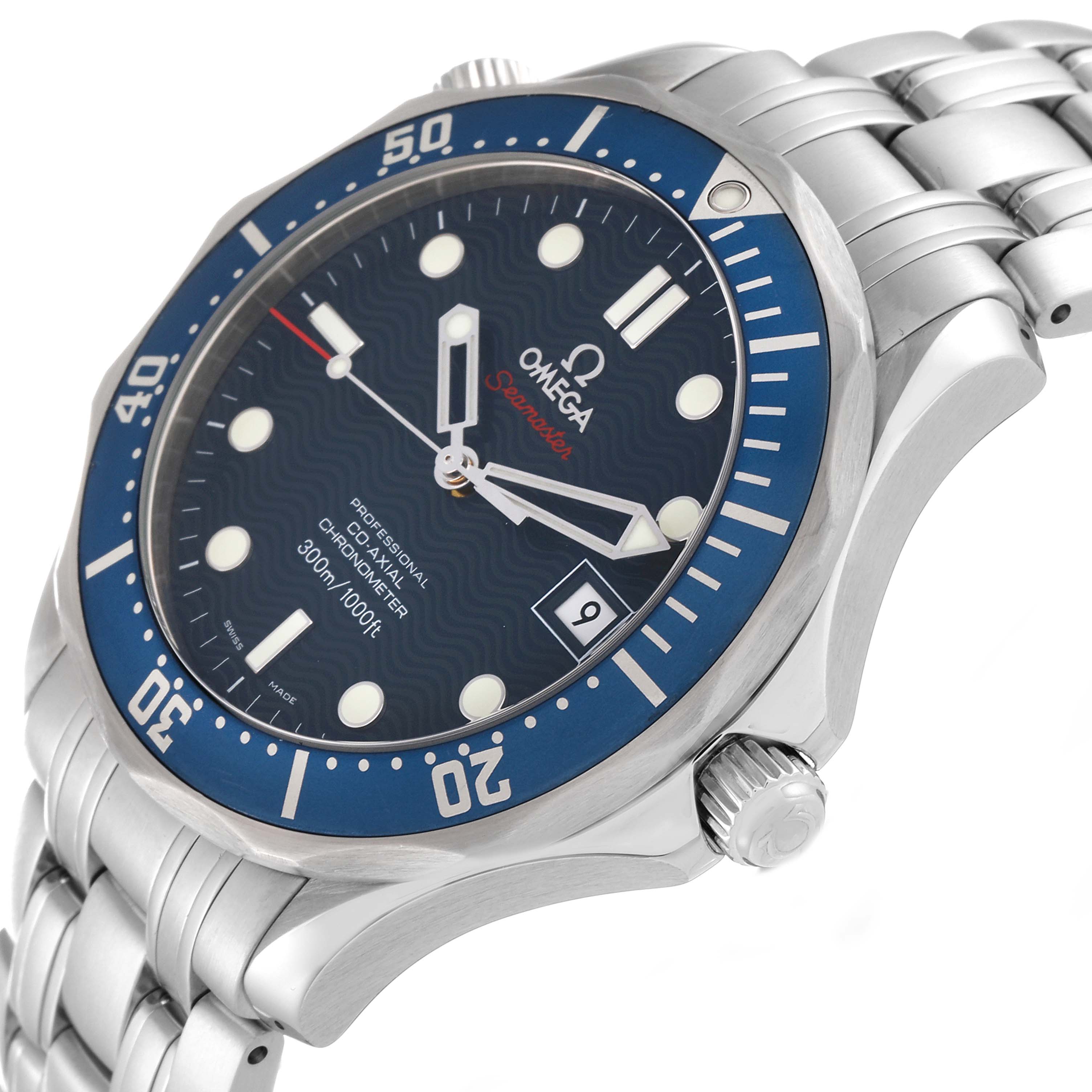 The image shows a side view of the Omega Seamaster 2220.80.00 Men's Stainless Steel Blue Dial 2220.80.00 Men's Stainless Steel Blue Dial watch, highlighting the bezel, face, crown, and part of the bracelet.