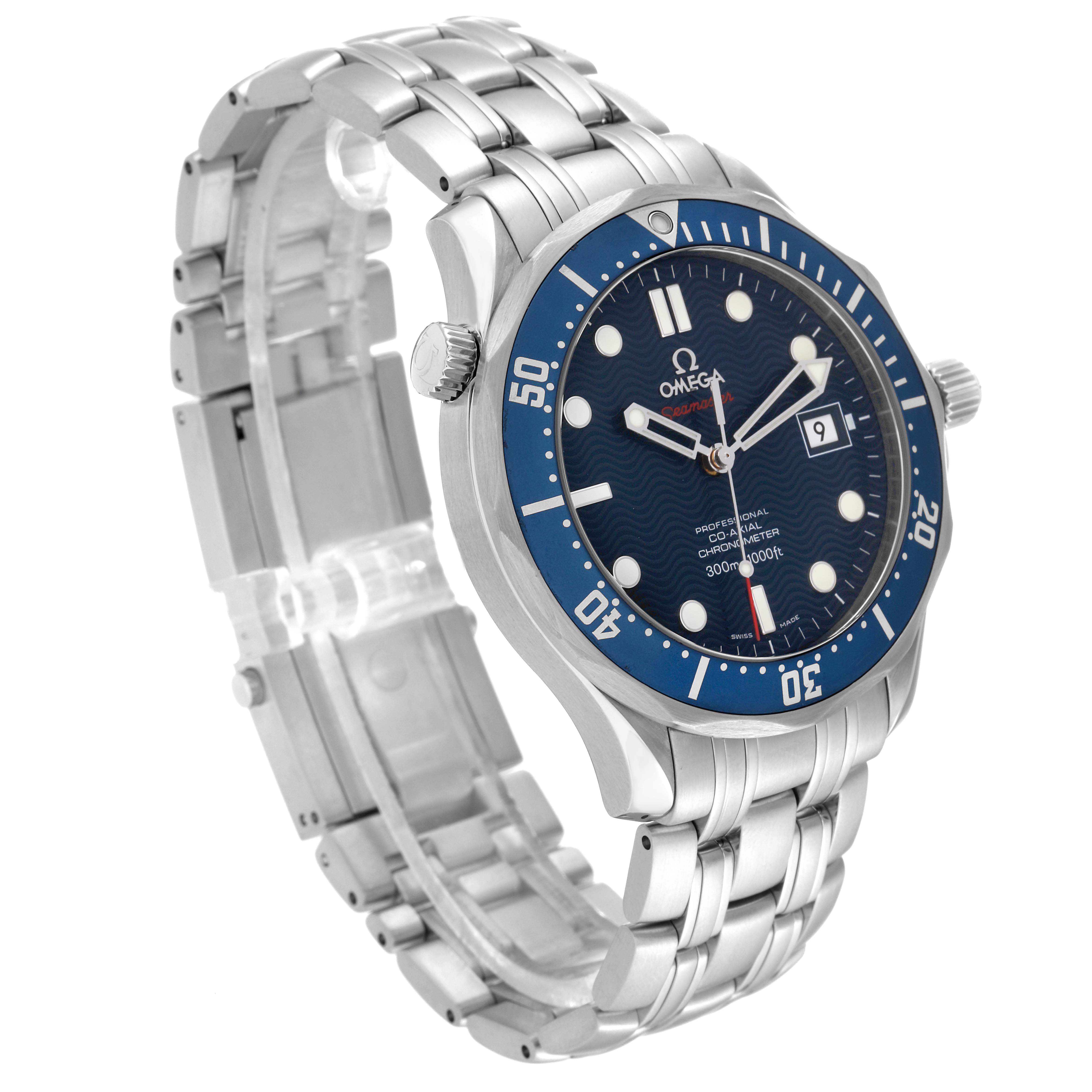 The Omega Seamaster 2220.80.00 Men's Stainless Steel Blue Dial 2220.80.00 Men's Stainless Steel Blue Dial watch is shown at a three-quarter angle, highlighting its blue bezel, dial, and stainless steel bracelet.