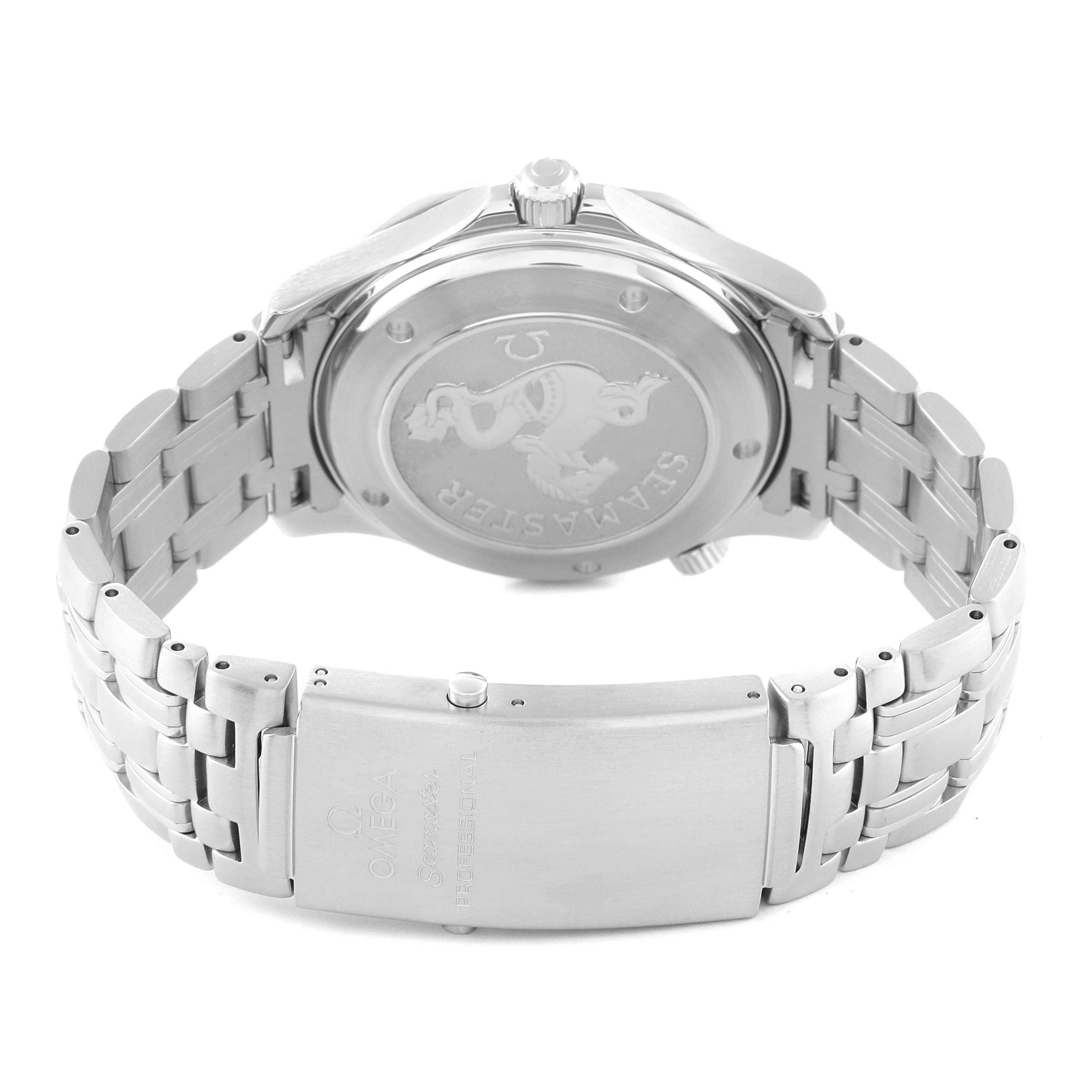 The image shows the back side and bracelet of an Omega Seamaster 2220.80.00 Men's Stainless Steel Blue Dial 2220.80.00 Men's Stainless Steel Blue Dial watch, featuring the case back and clasp.