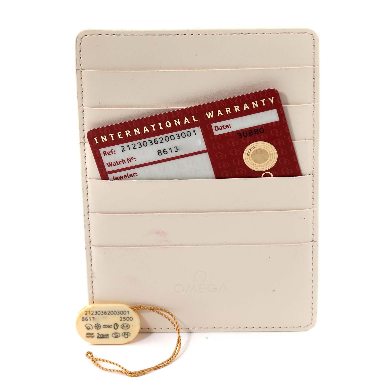 The image shows the warranty card and hang tag for the Omega Seamaster 212.30.36.20.03.001 Men
s Stainless Steel Blue Dial 212.30.36.20.03.001 Men
s Stainless Steel Blue Dial, positioned in a cream-colored cardholder.