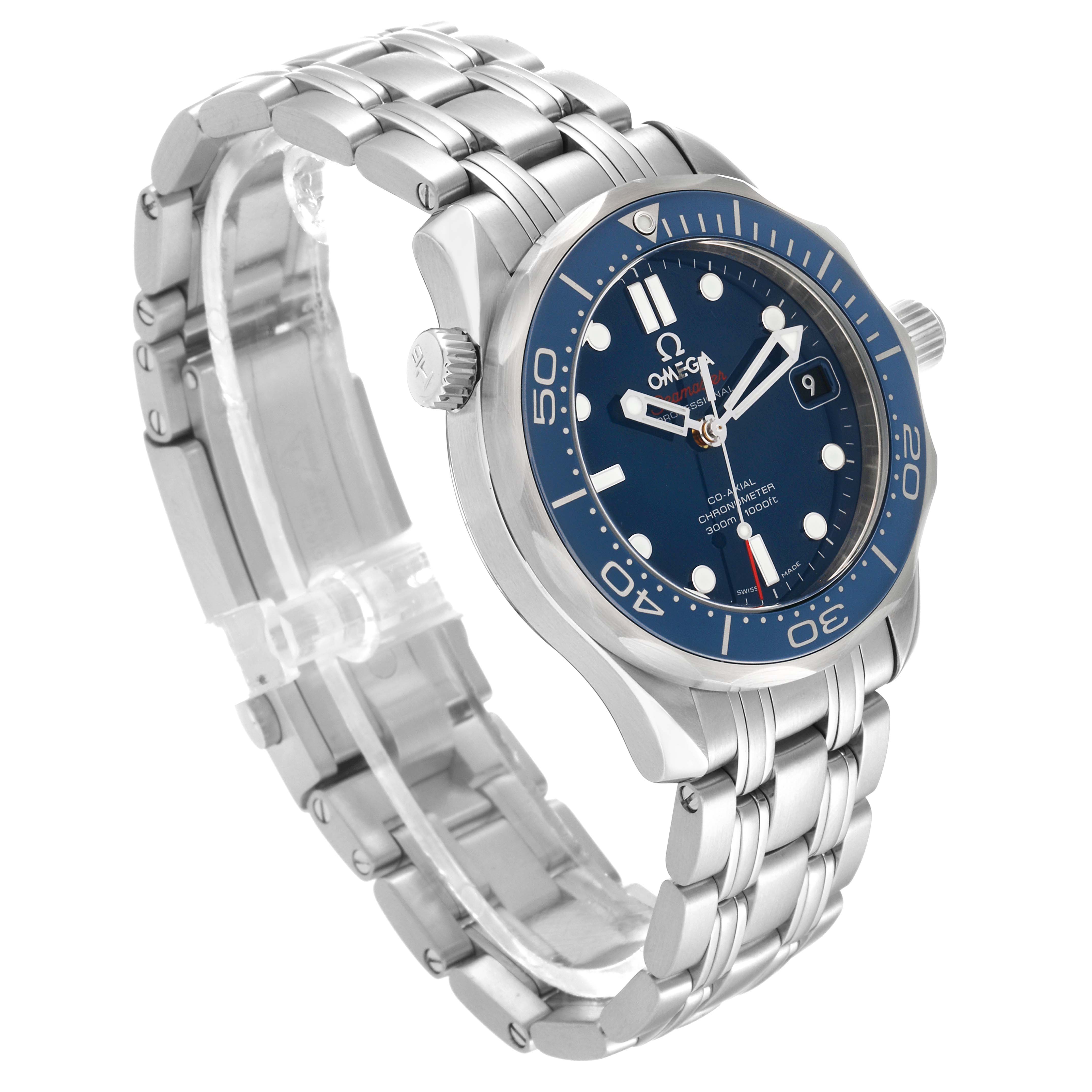 The image shows a side angle of the Omega Seamaster 212.30.36.20.03.001 Men
s Stainless Steel Blue Dial 212.30.36.20.03.001 Men
s Stainless Steel Blue Dial watch, highlighting the face, bezel, crown, and stainless steel bracelet.