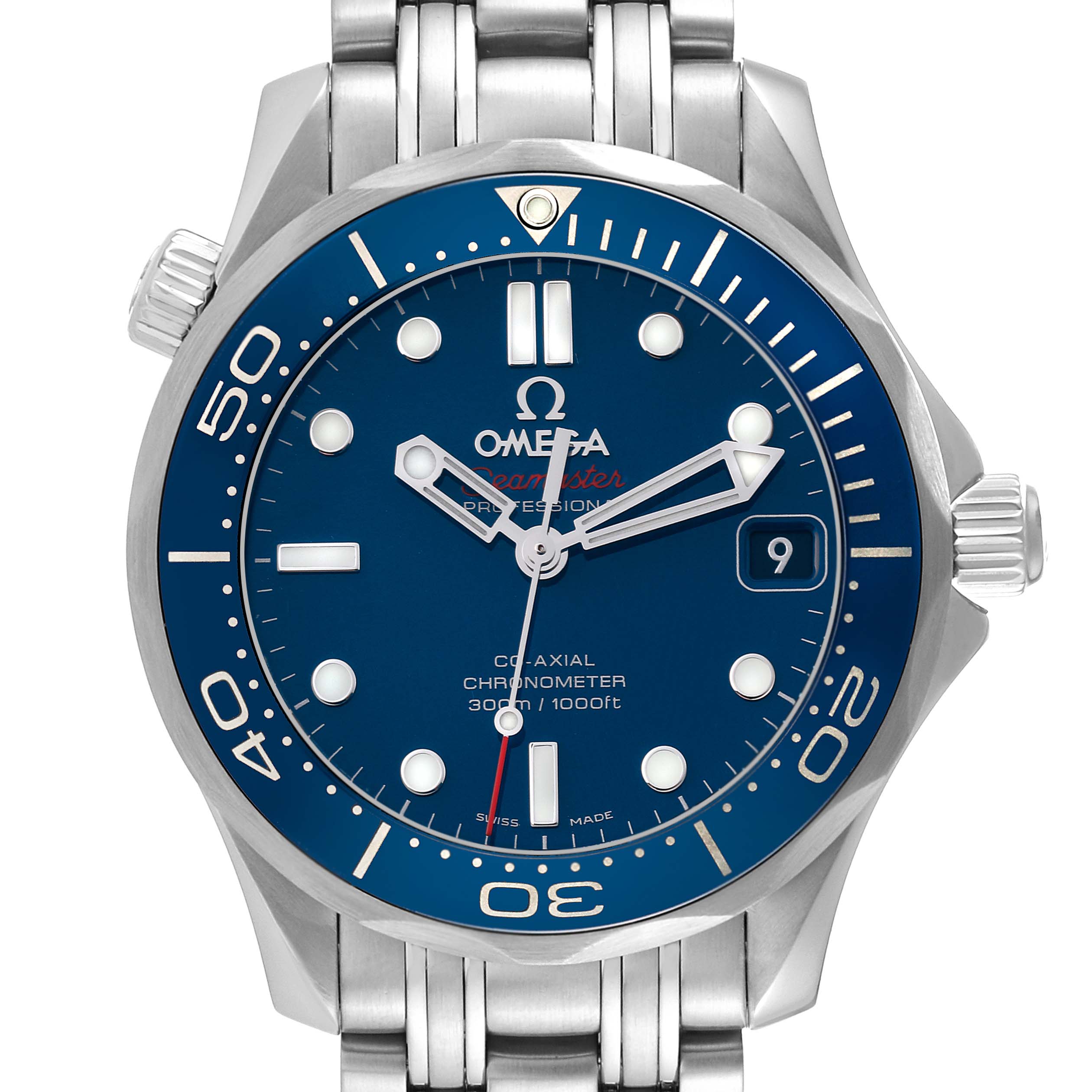 The image shows a front view of the Omega Seamaster 212.30.36.20.03.001 Men
s Stainless Steel Blue Dial 212.30.36.20.03.001 Men
s Stainless Steel Blue Dial watch, highlighting the dial, bezel, and a portion of the bracelet.