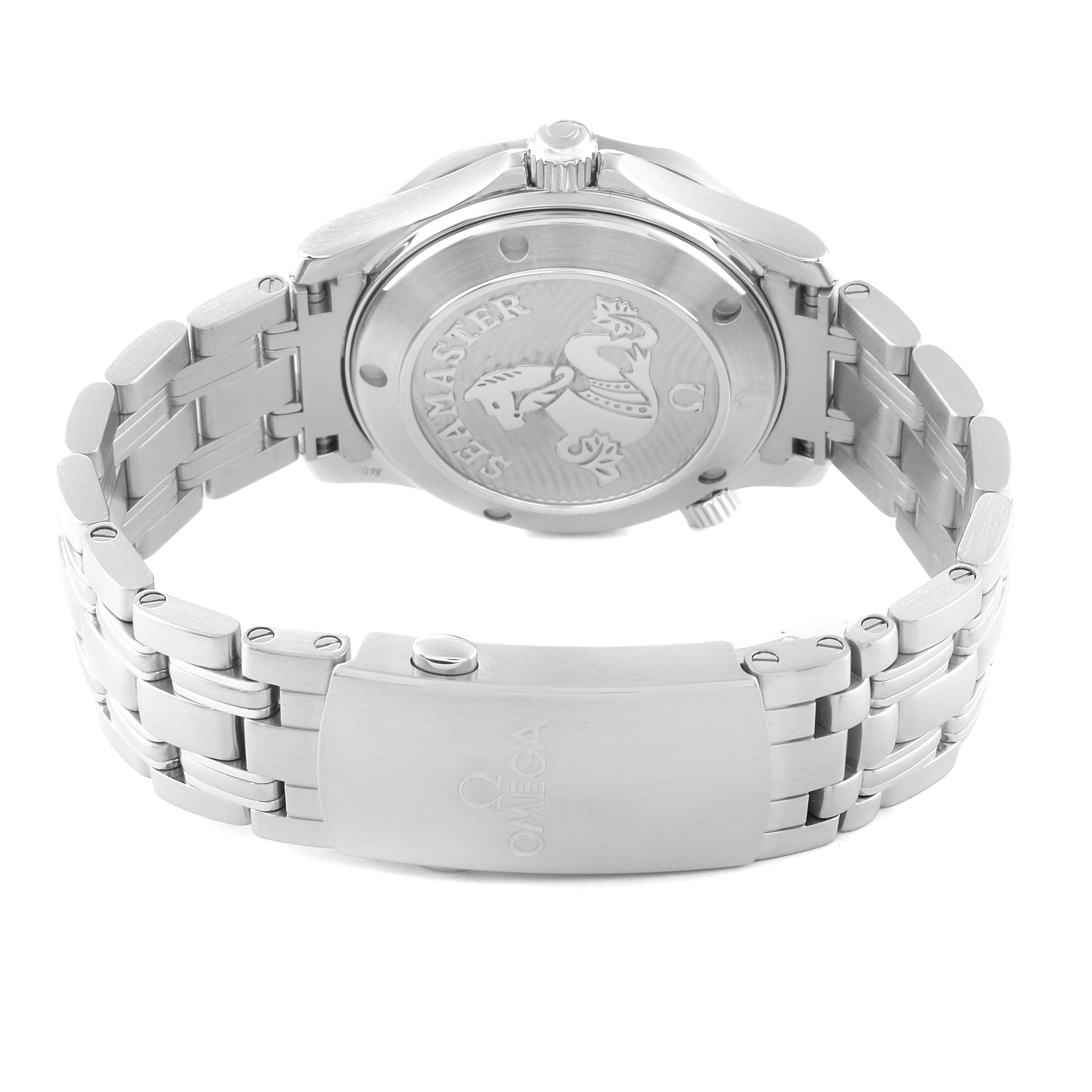 The image shows the back case and stainless steel bracelet of the Omega Seamaster 212.30.36.20.03.001 Men
s Stainless Steel Blue Dial 212.30.36.20.03.001 Men
s Stainless Steel Blue Dial watch.