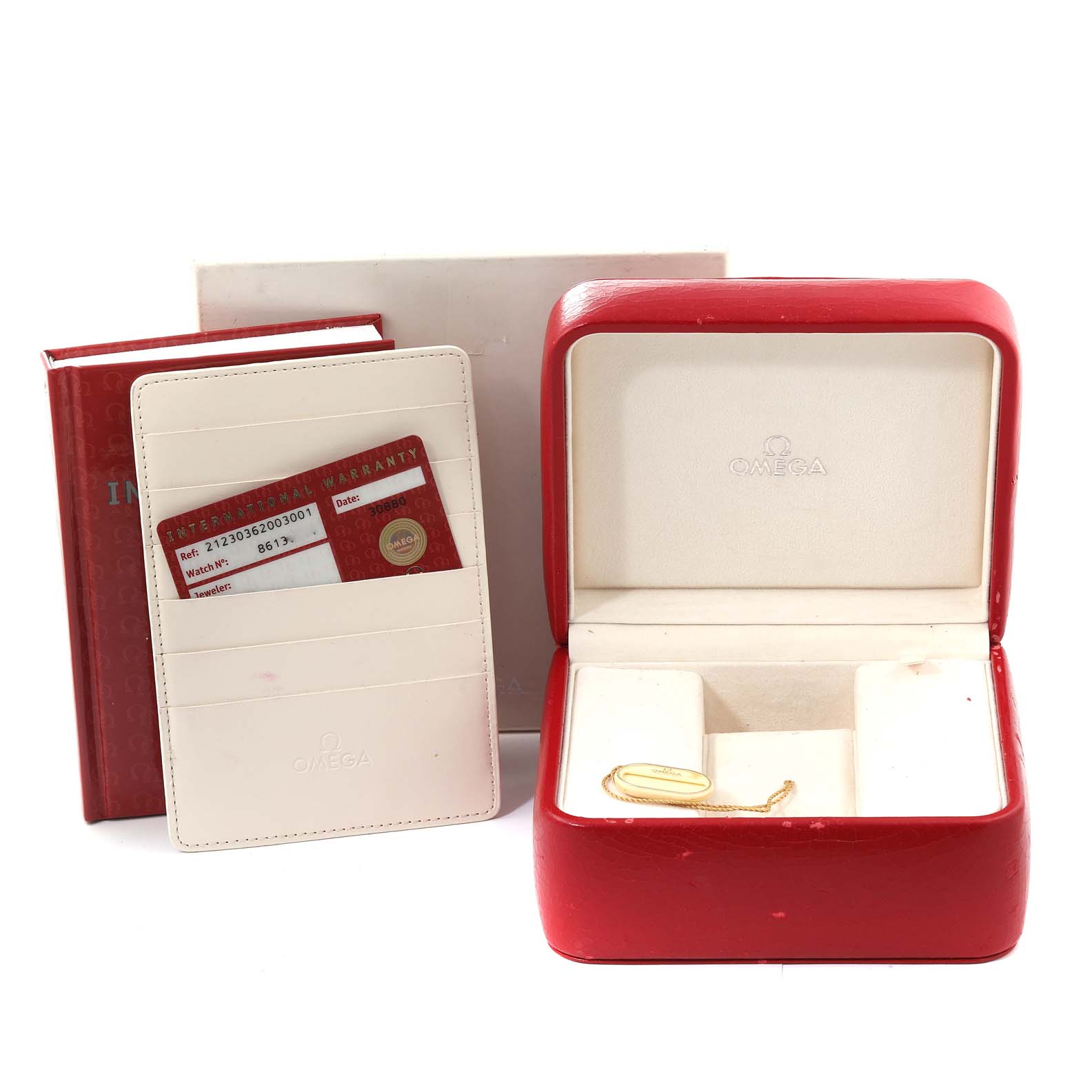 The image shows the accessories for an Omega Seamaster 212.30.36.20.03.001 Men
s Stainless Steel Blue Dial 212.30.36.20.03.001 Men
s Stainless Steel Blue Dial, including the warranty card, cardholder, instruction booklet, and watch box.