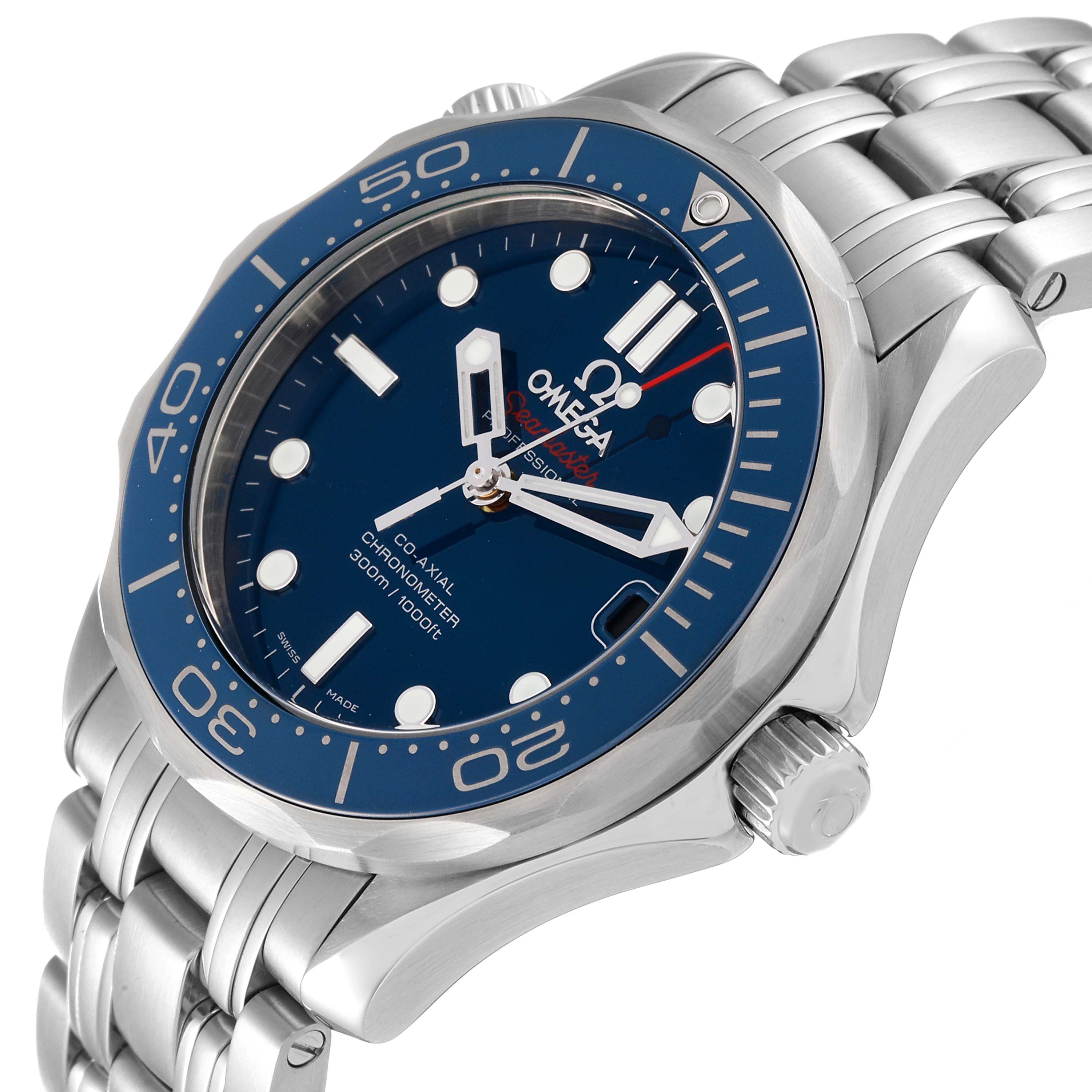 This Omega Seamaster 212.30.36.20.03.001 Men
s Stainless Steel Blue Dial 212.30.36.20.03.001 Men
s Stainless Steel Blue Dial watch is shown at a slight angle, highlighting the bezel, bracelet, dial, and crown.