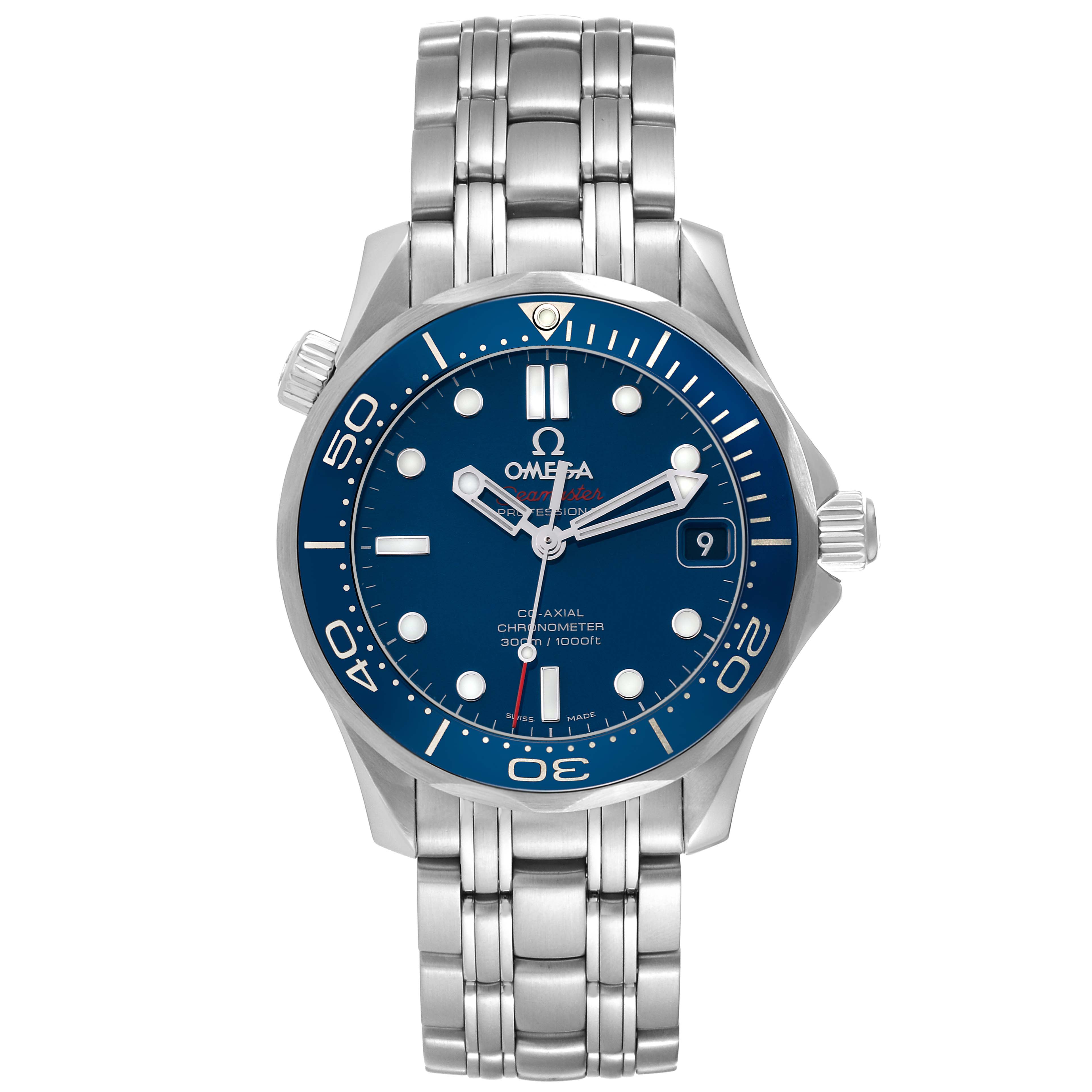 The image shows a front view of an Omega Seamaster 212.30.36.20.03.001 Men
s Stainless Steel Blue Dial 212.30.36.20.03.001 Men
s Stainless Steel Blue Dial watch with a stainless steel band and a blue dial.