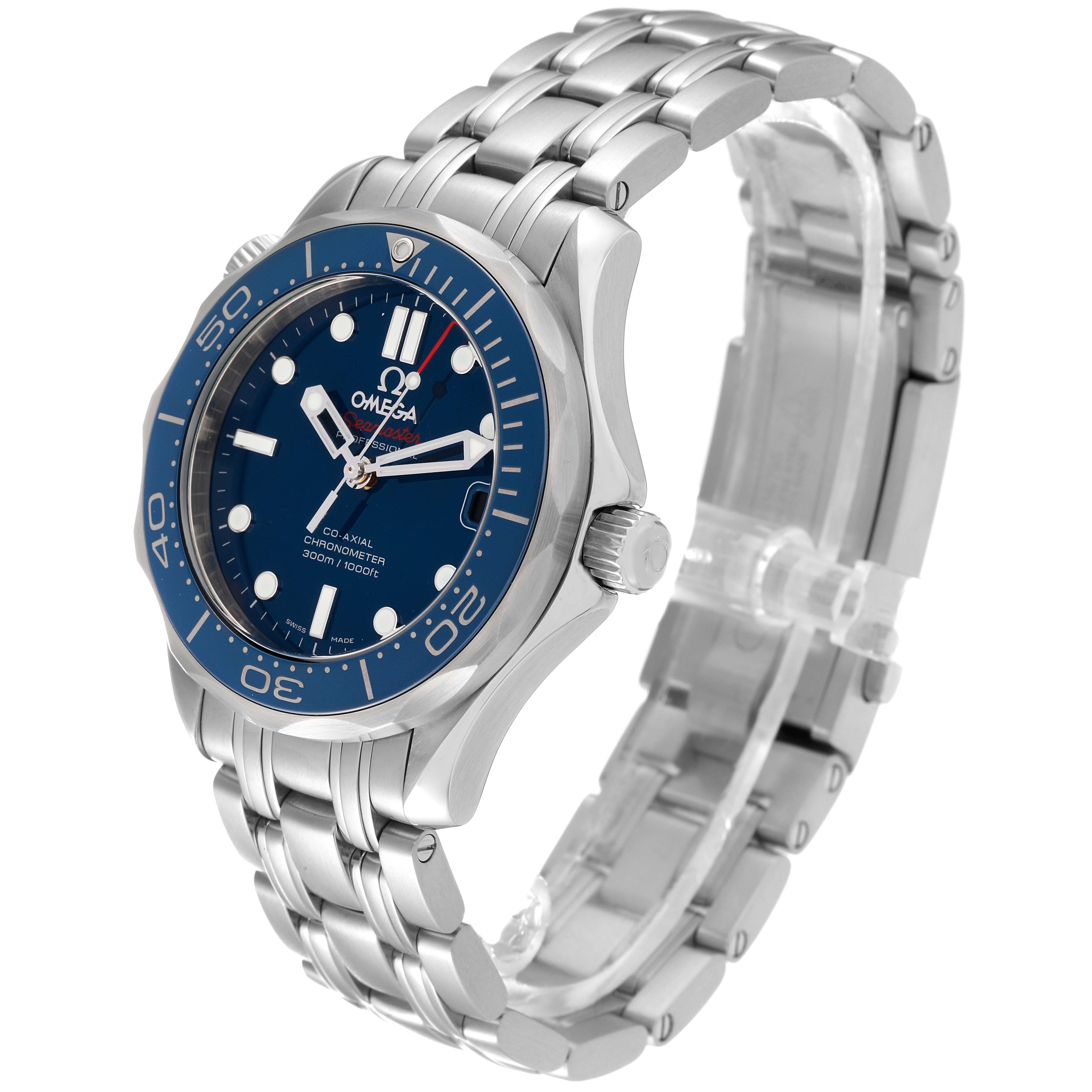 The Omega Seamaster 212.30.36.20.03.001 Men
s Stainless Steel Blue Dial 212.30.36.20.03.001 Men
s Stainless Steel Blue Dial watch is shown at a three-quarter angle, highlighting its blue dial, bezel, and stainless steel bracelet.