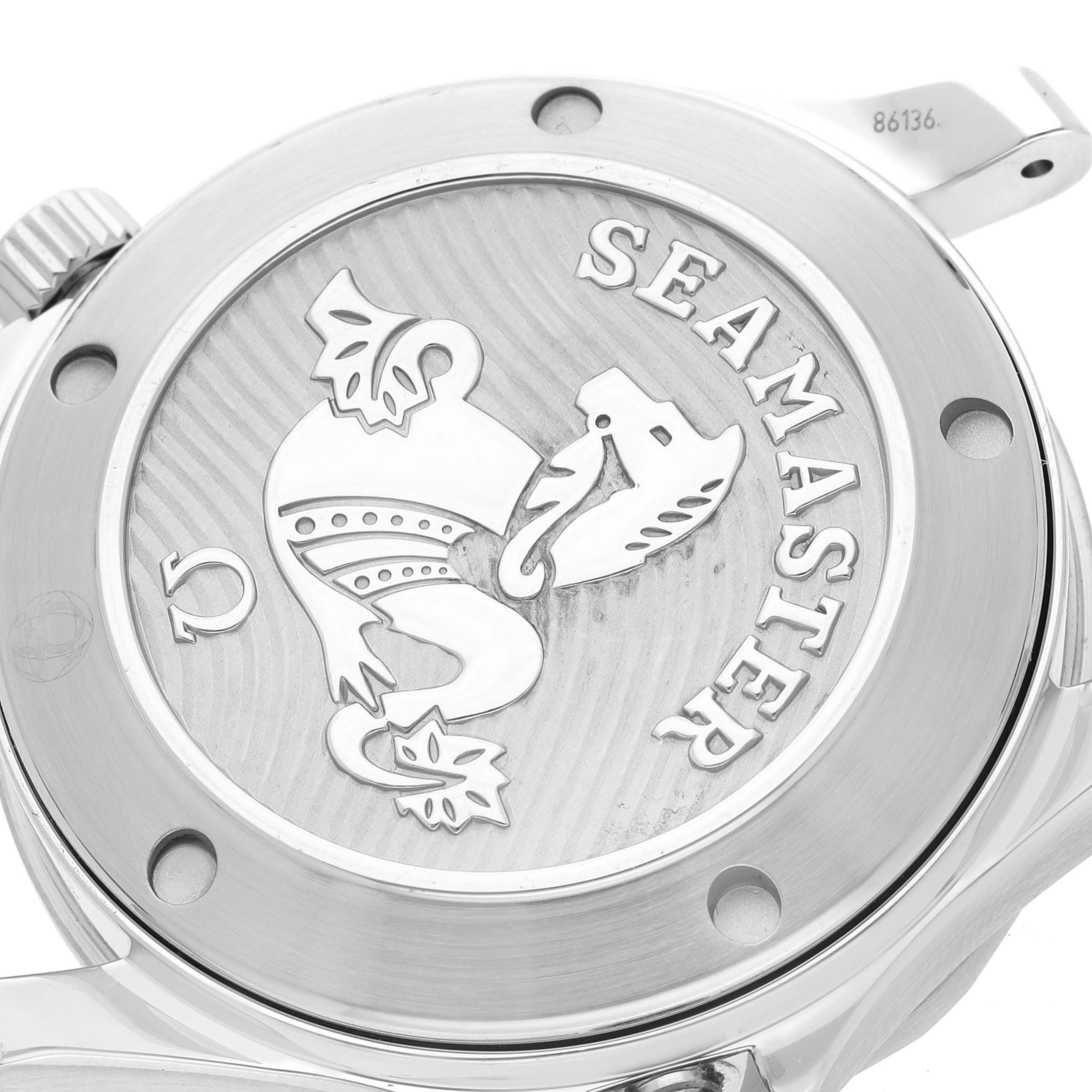 The image shows the Omega Seamaster 212.30.36.20.03.001 Men
s Stainless Steel Blue Dial 212.30.36.20.03.001 Men
s Stainless Steel Blue Dial watch case back, featuring the model name and emblem.