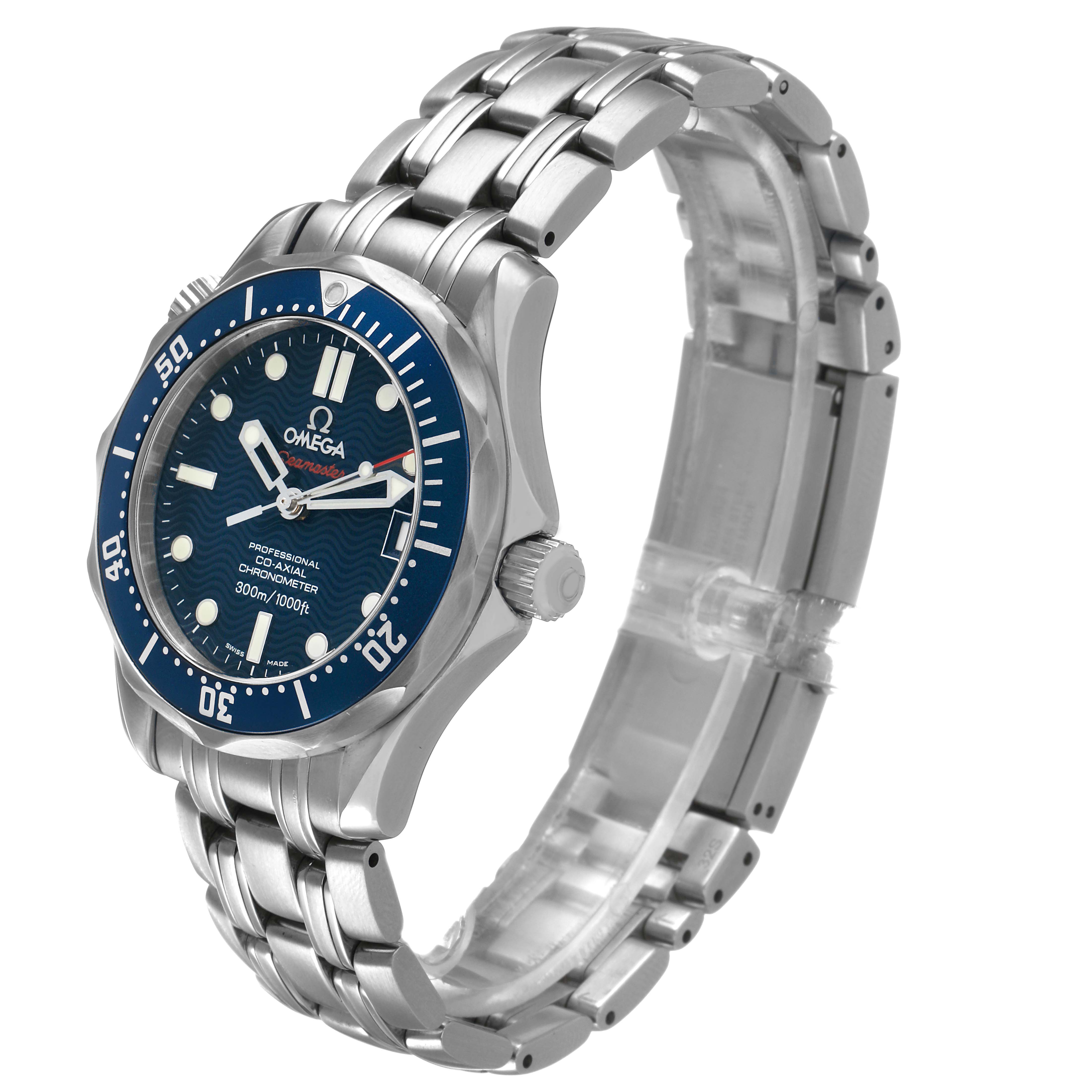 The Omega Seamaster 2220.80.00 Men's Stainless Steel Blue Dial watch is shown at a three-quarter angle, highlighting the bezel, dial, bracelet, and crown.
