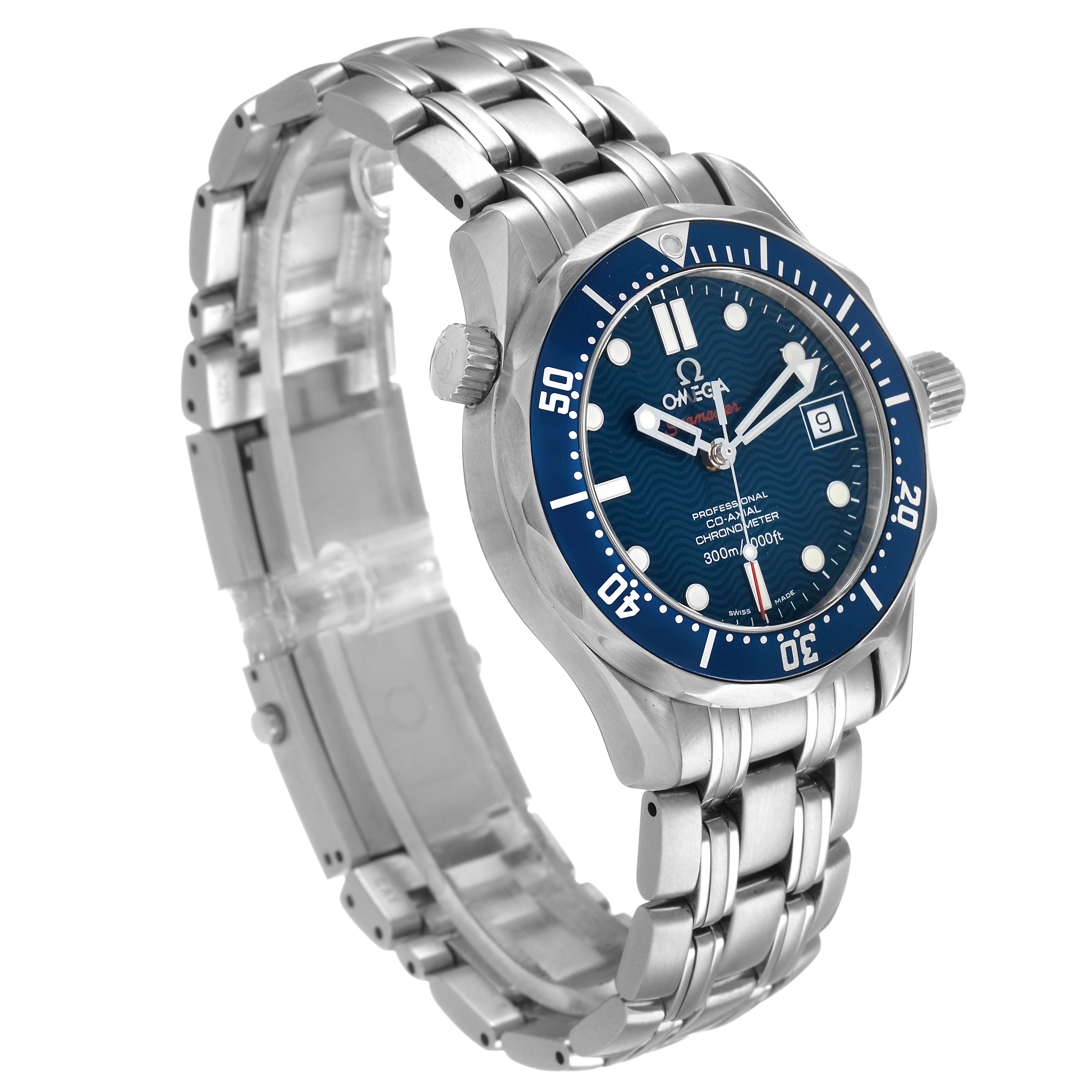 The Omega Seamaster 2220.80.00 Men's Stainless Steel Blue Dial watch is shown at a three-quarter angle, highlighting the face, bezel, bracelet, and crown.