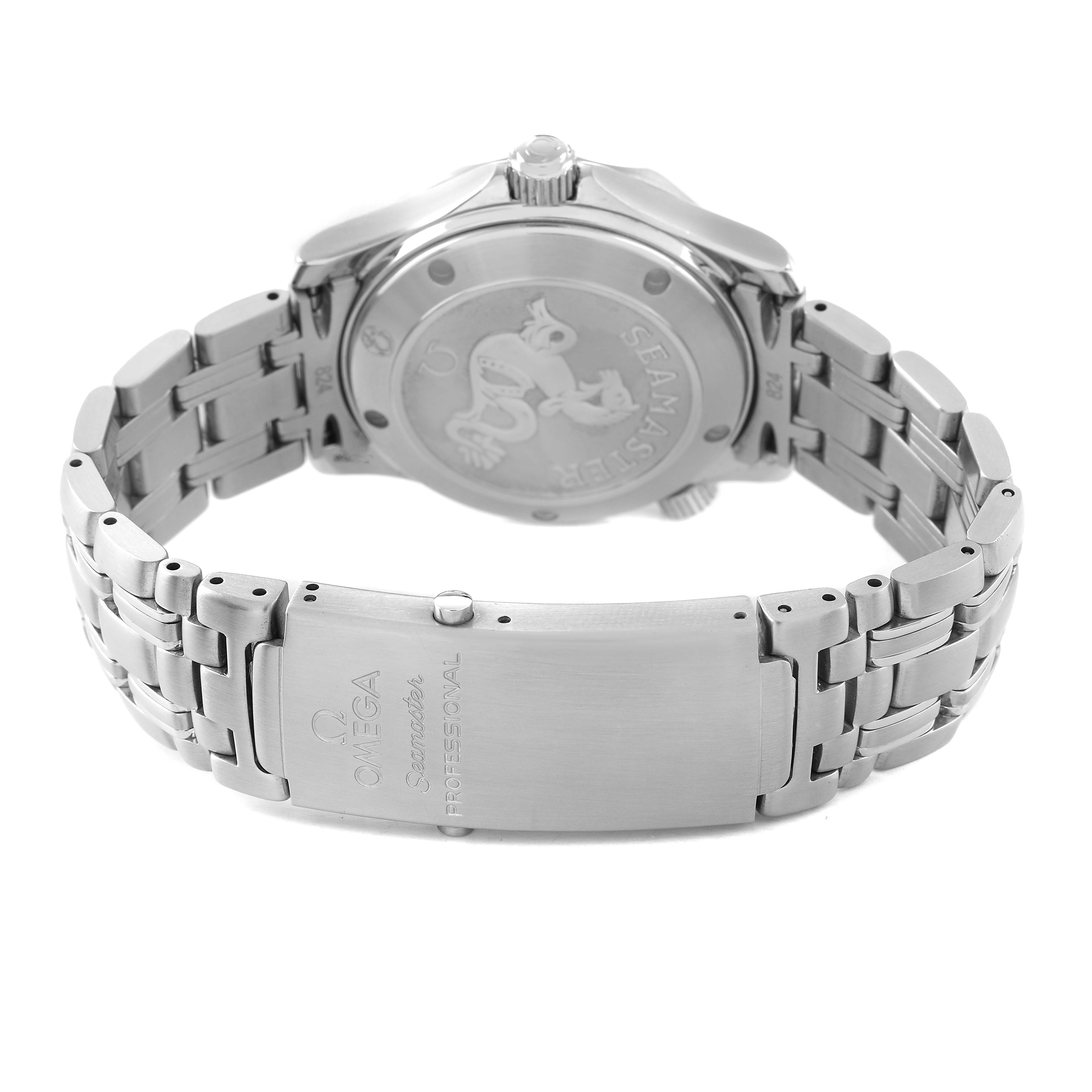 The image shows the back and bracelet of an Omega Seamaster 2220.80.00 Men's Stainless Steel Blue Dial watch, highlighting the clasp and case back detailing.