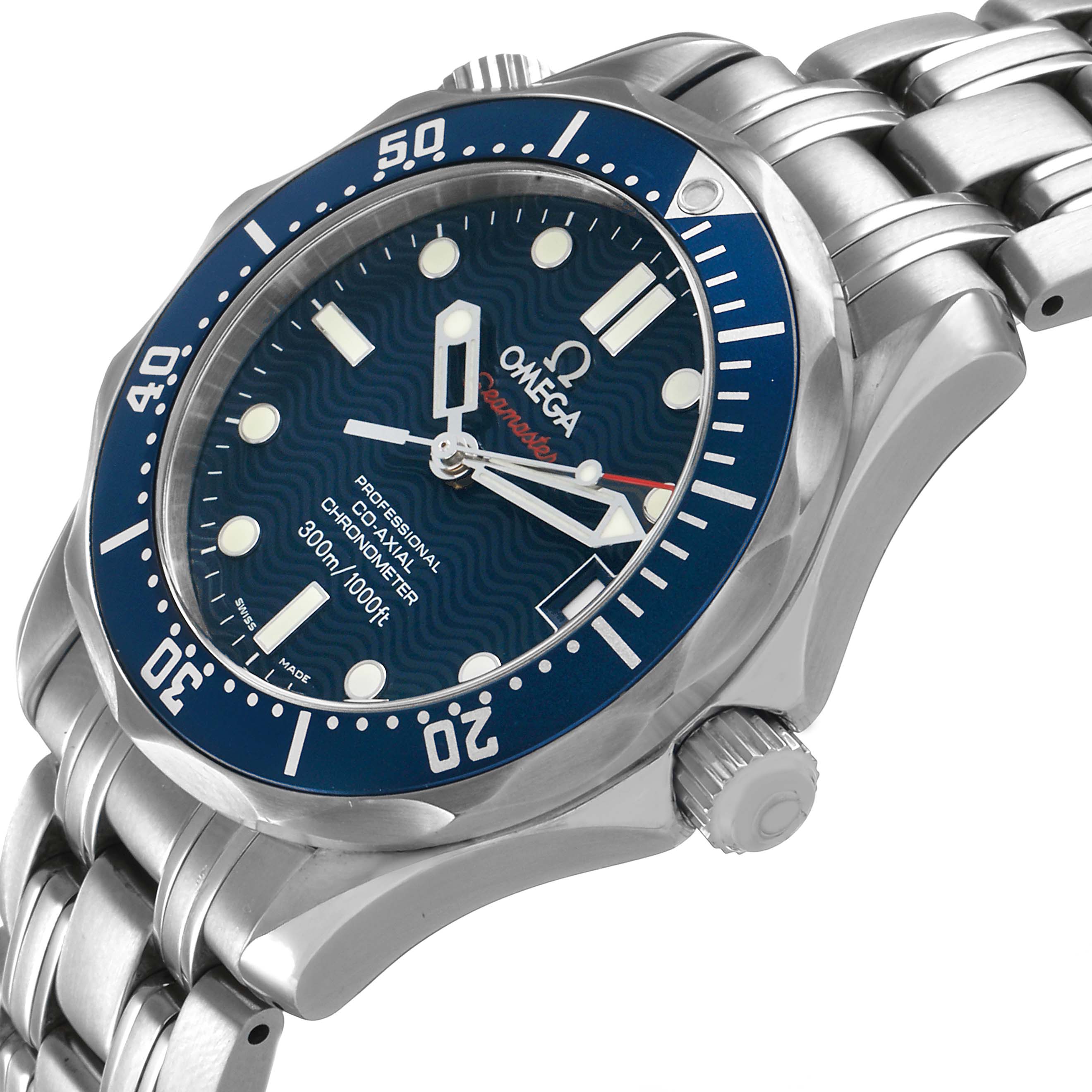 The image shows the Omega Seamaster 2220.80.00 Men's Stainless Steel Blue Dial watch from a three-quarter angle, highlighting the bezel, dial, crown, and metal bracelet.