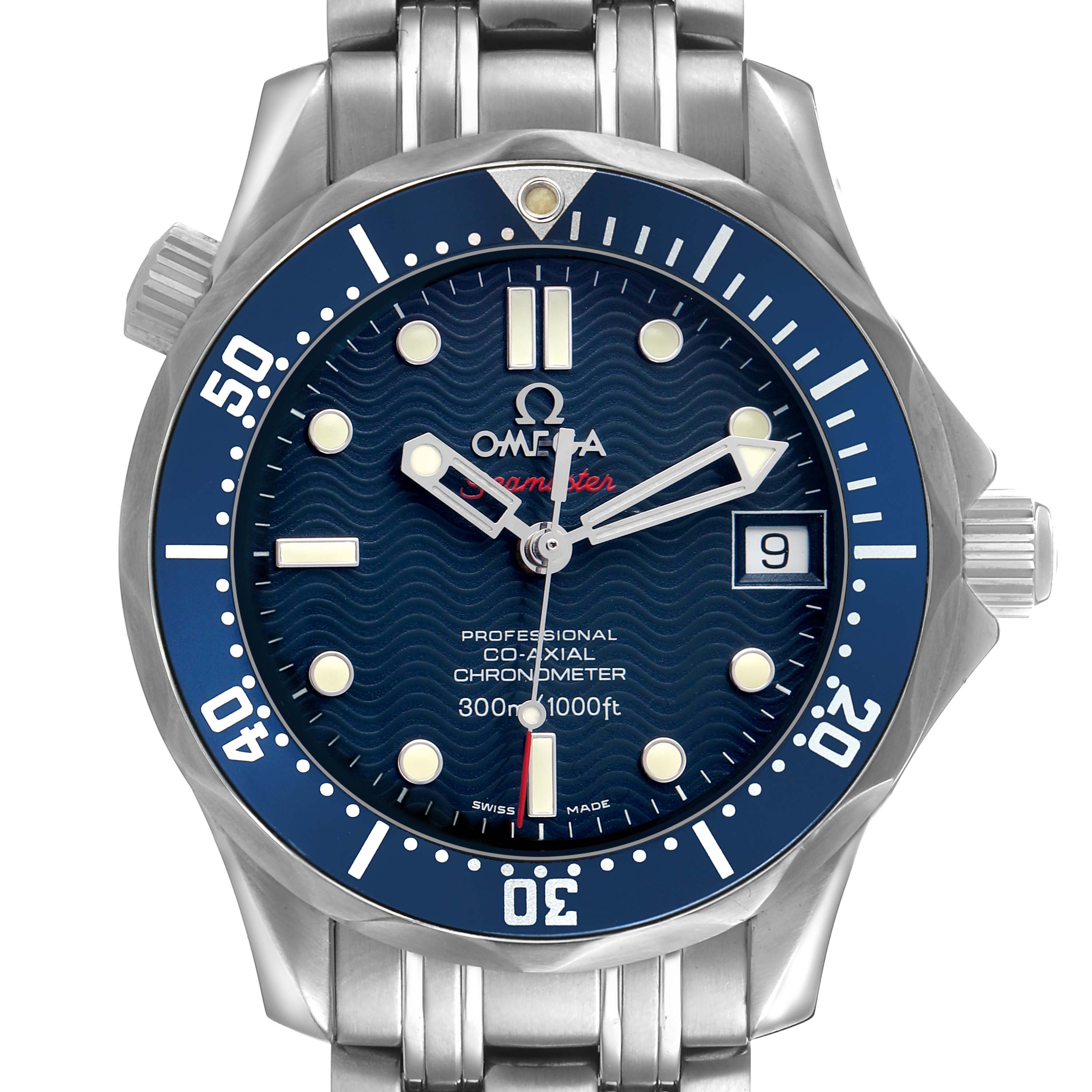 The Omega Seamaster 2220.80.00 Men's Stainless Steel Blue Dial watch is shown from a front angle, highlighting the dial, bezel, and part of the bracelet.