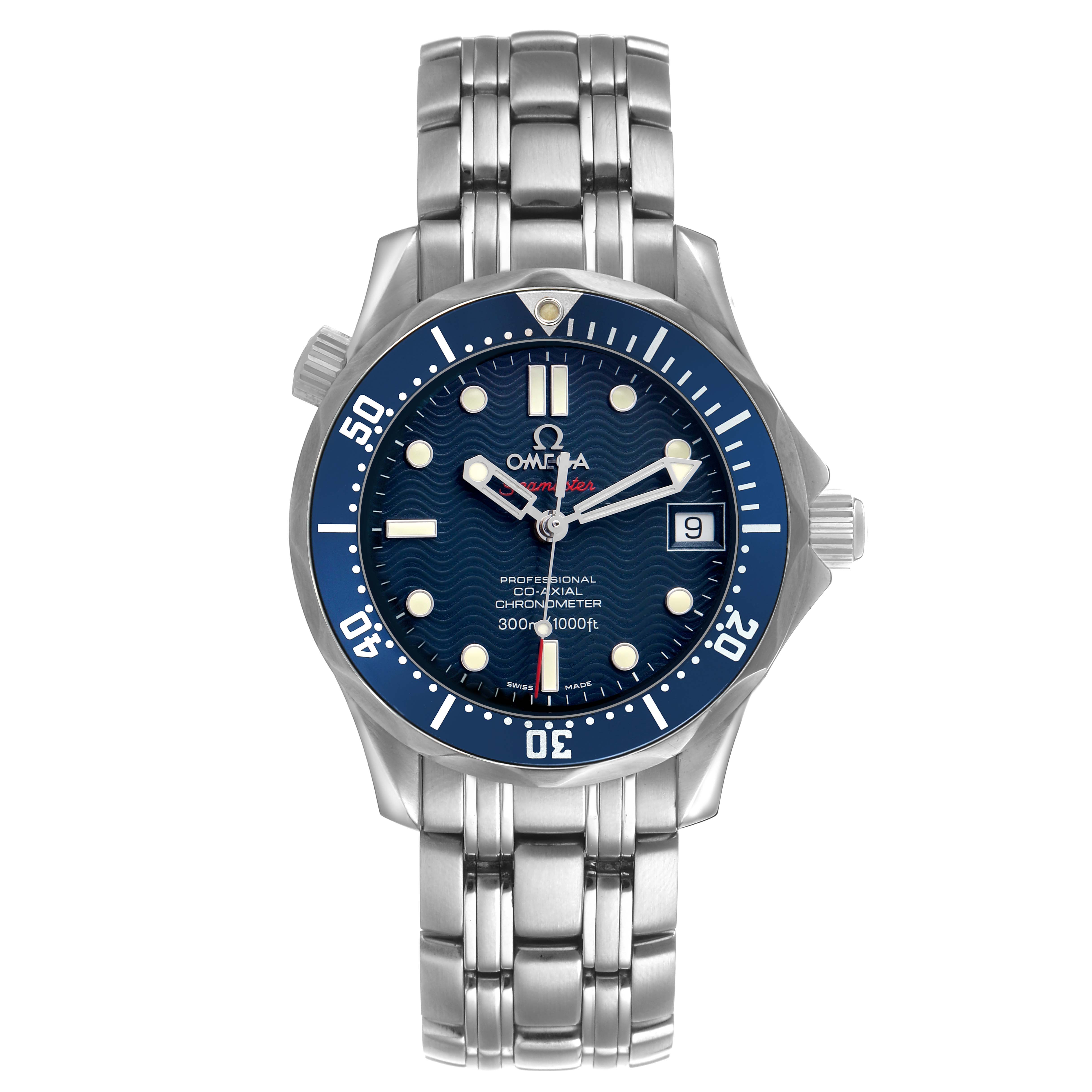 The Omega Seamaster 2220.80.00 Men's Stainless Steel Blue Dial watch is shown from a top view, highlighting the dial, bezel, and bracelet.
