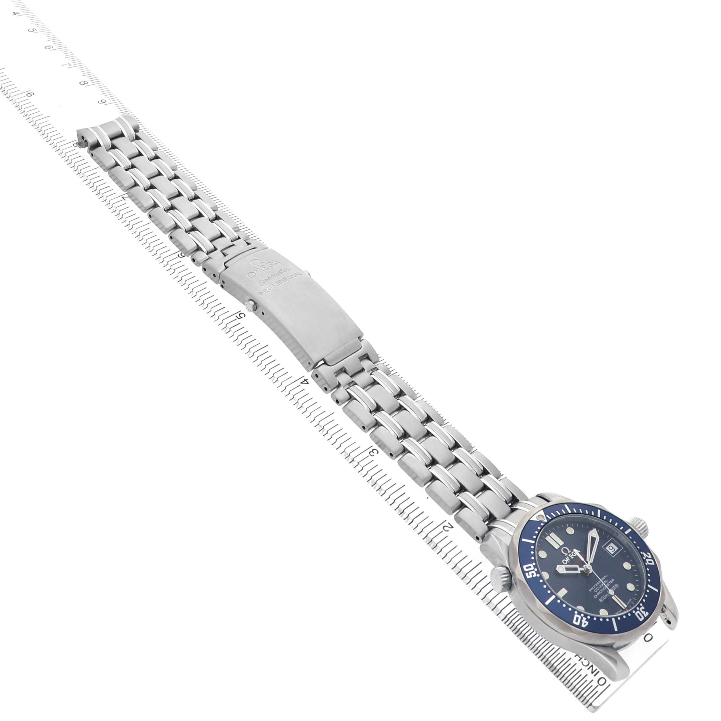 The Omega Seamaster 2220.80.00 Men's Stainless Steel Blue Dial watch is shown from an angled side view, displaying its full stainless steel bracelet, clasp, and face.