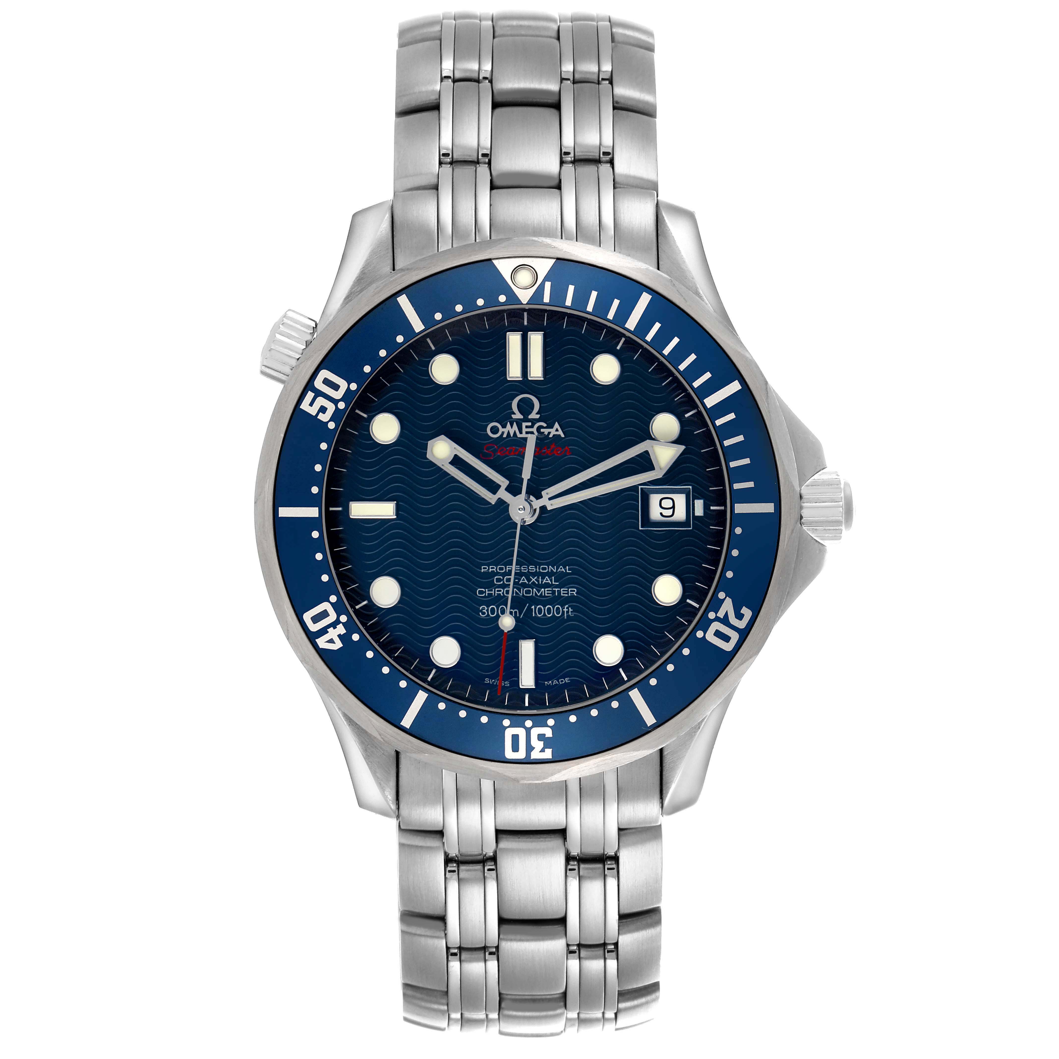 The Omega Seamaster 2220.80.00 Men's Stainless Steel Blue Dial watch is shown from a front angle, displaying its blue dial, bezel, and metal bracelet.