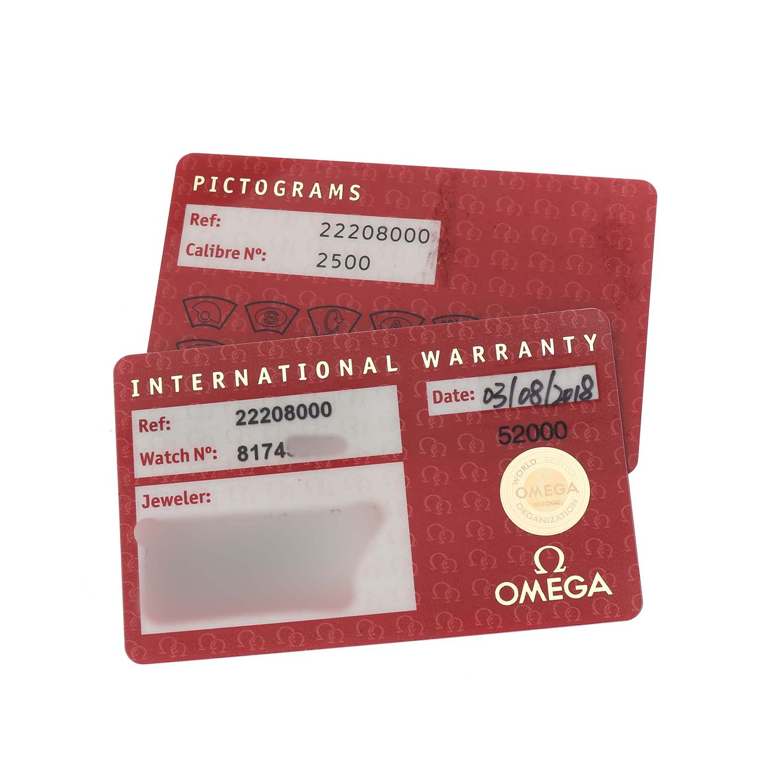 The image shows the Omega Seamaster 2220.80.00 Men's Stainless Steel Blue Dial's warranty and pictograms cards at a slight angle, displaying reference and watch numbers.