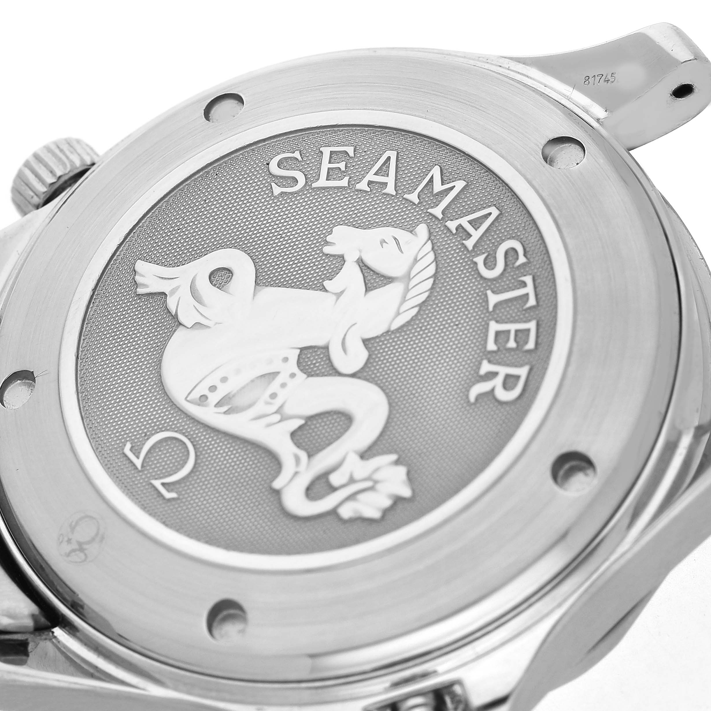 The image shows the Omega Seamaster 2220.80.00 Men's Stainless Steel Blue Dial's case back featuring the embossed emblem and brand name.