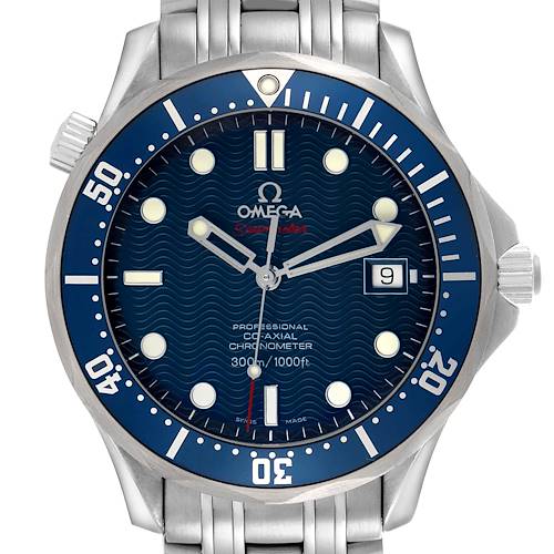 The Omega Seamaster 2220.80.00 Men's Stainless Steel Blue Dial watch is shown from the front, displaying its face, bezel, hands, and bracelet.