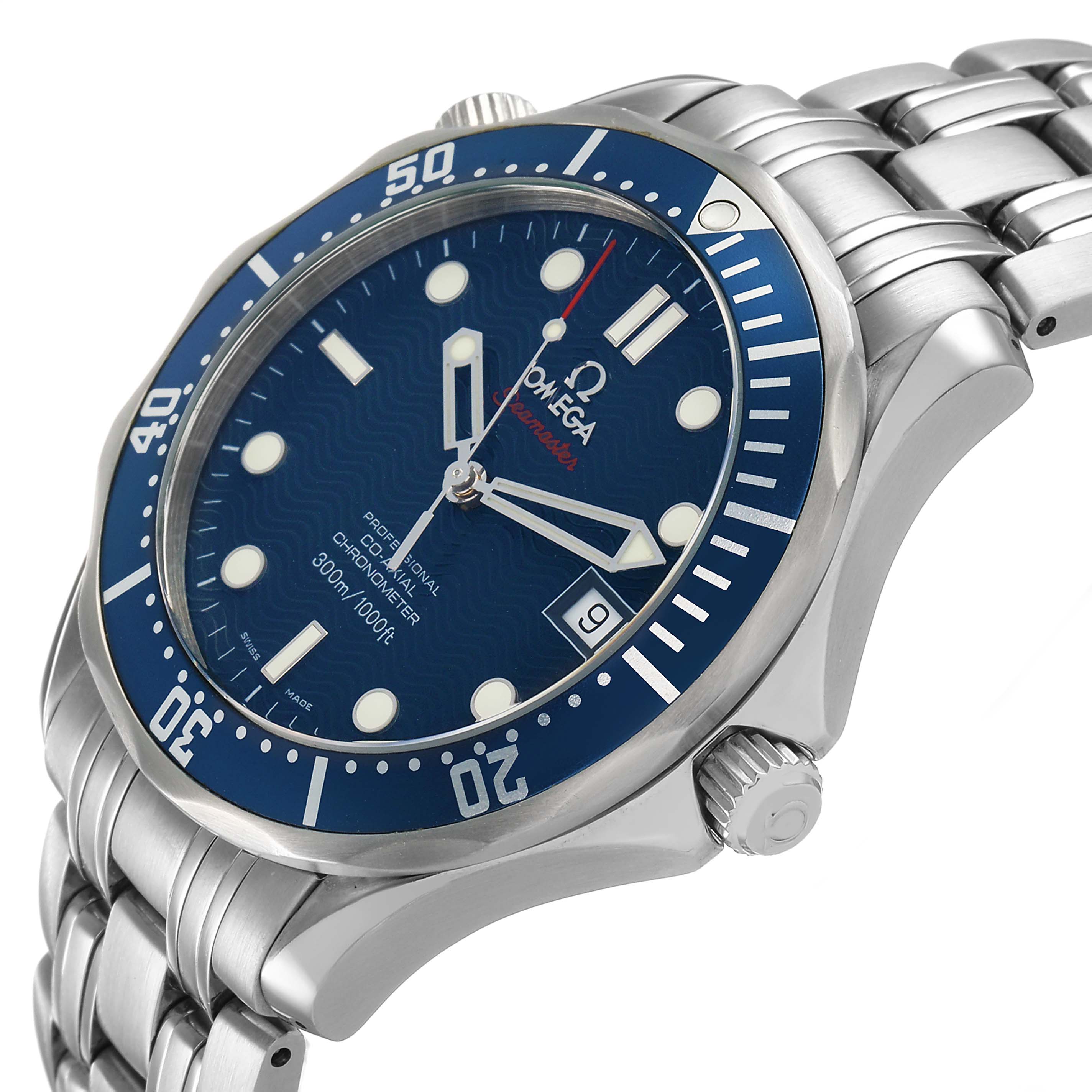 The Omega Seamaster 2220.80.00 Men's Stainless Steel Blue Dial watch is shown from a side angle, highlighting the blue dial, rotating bezel, and stainless steel bracelet.