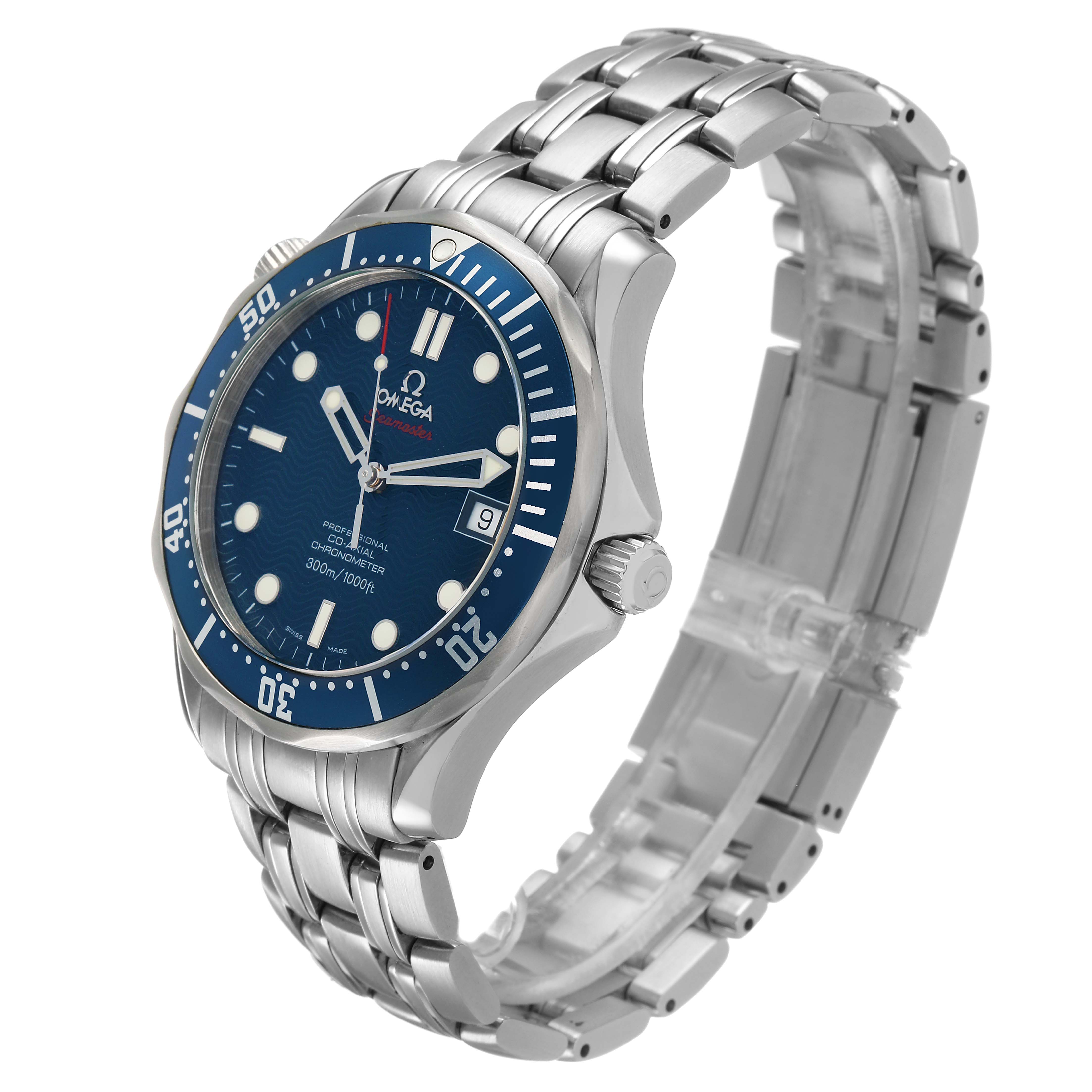 The Omega Seamaster 2220.80.00 Men's Stainless Steel Blue Dial watch is shown at an angled side view, displaying its blue dial, bezel, and metal bracelet.
