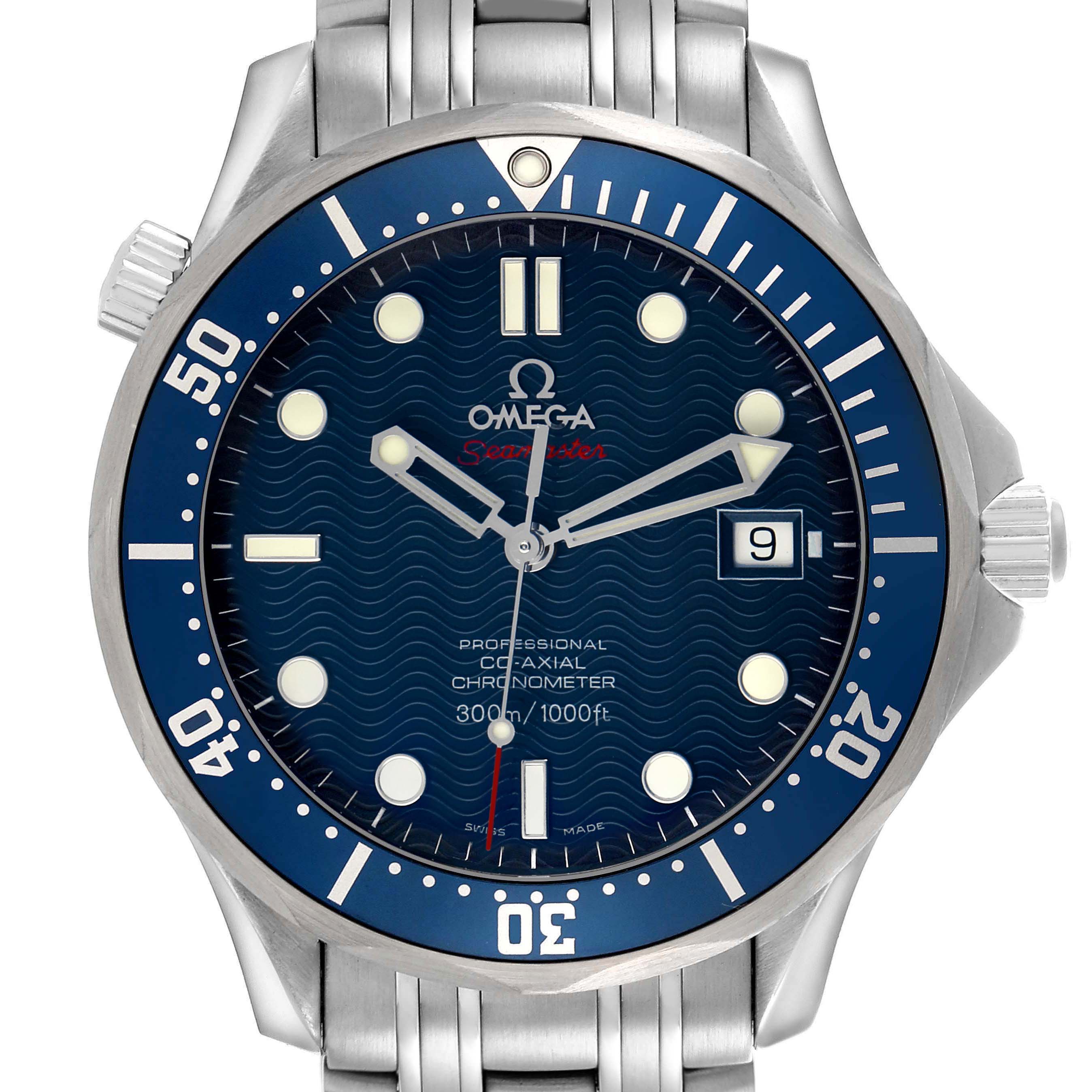The Omega Seamaster 2220.80.00 Men's Stainless Steel Blue Dial watch is shown from a front angle, highlighting the dial, bezel, and metal bracelet.