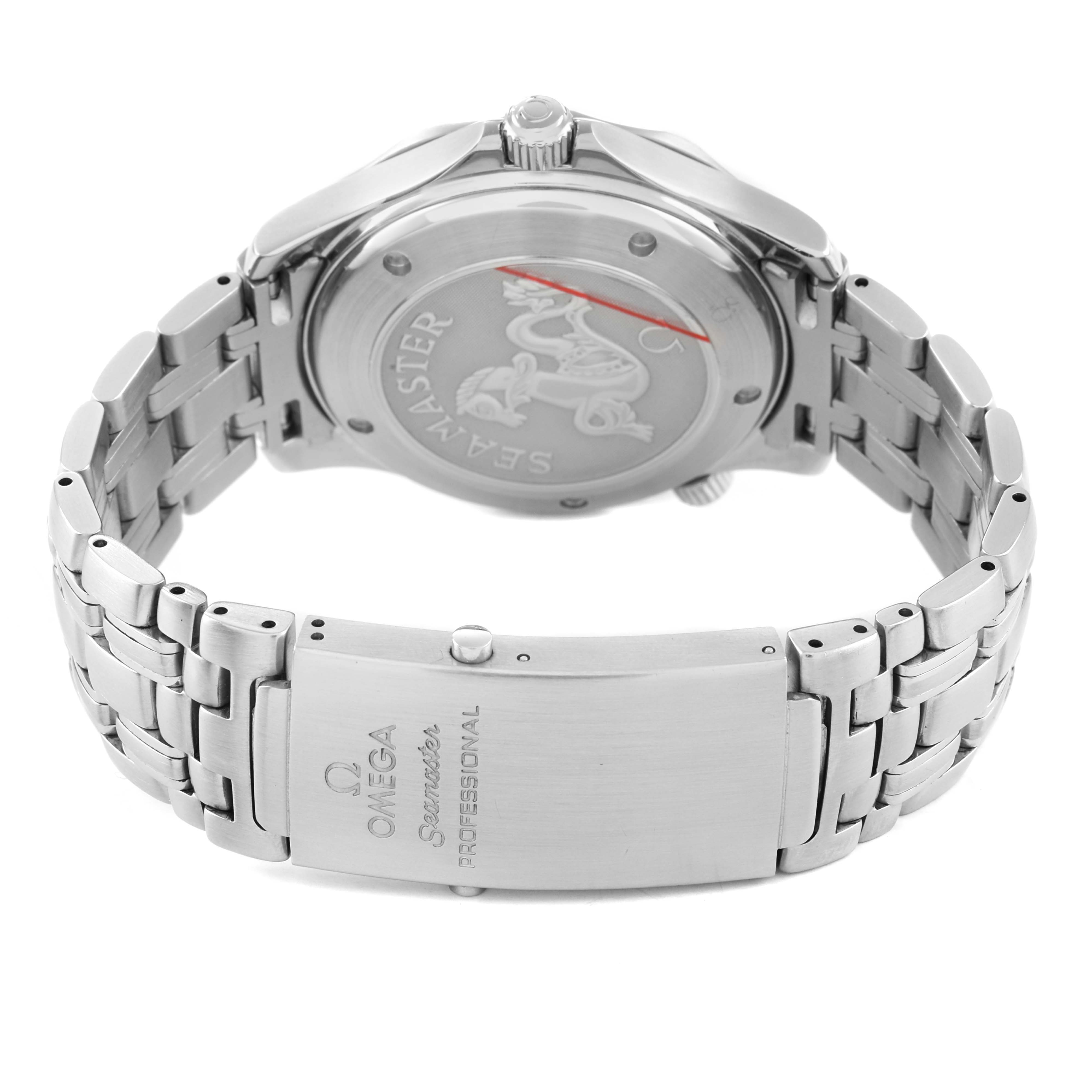 The image shows the back view of an Omega Seamaster 2220.80.00 Men's Stainless Steel Blue Dial watch, highlighting the case back, bracelet, and clasp.