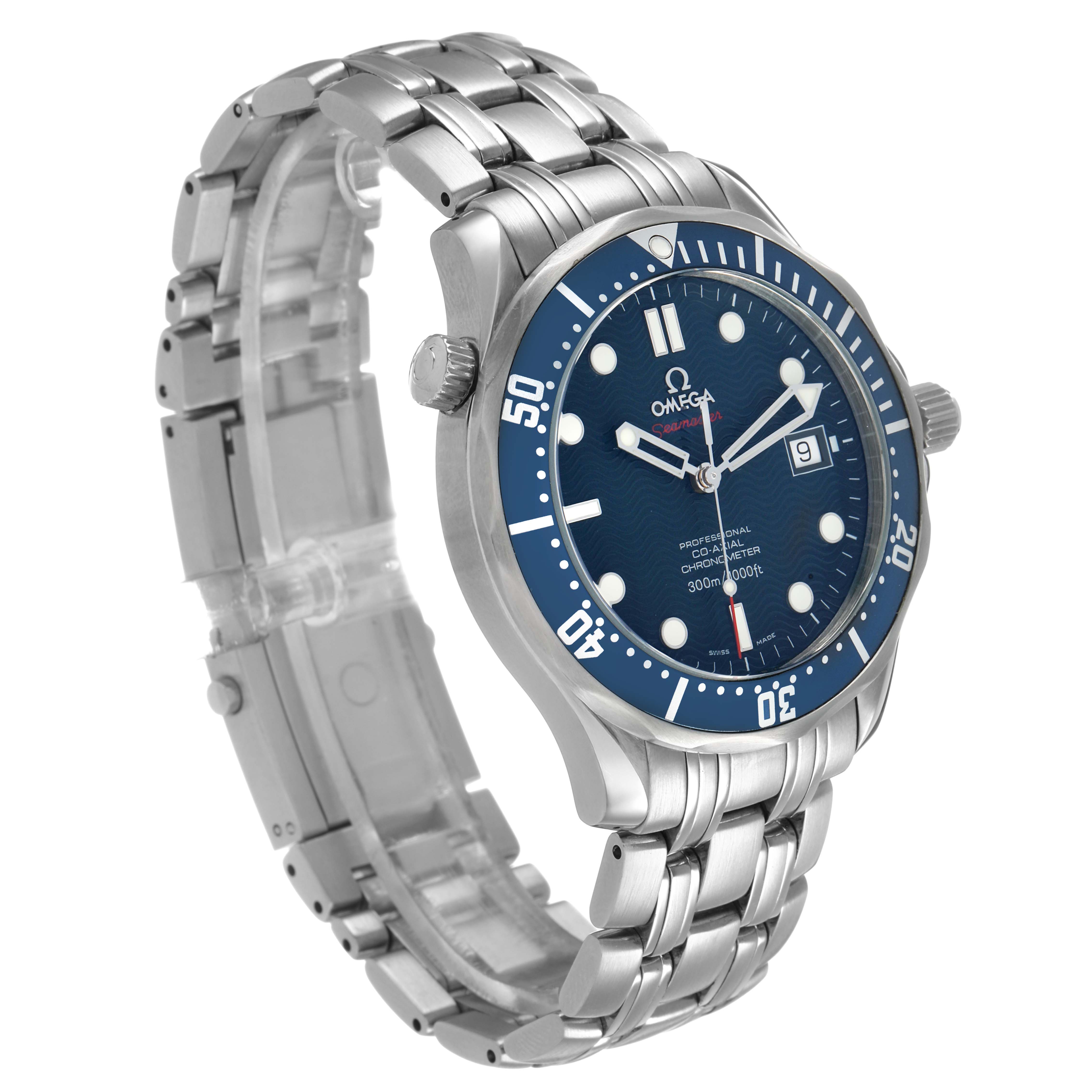 The Omega Seamaster 2220.80.00 Men's Stainless Steel Blue Dial watch is shown at a slight side angle, displaying the blue dial, bezel, and stainless steel bracelet.