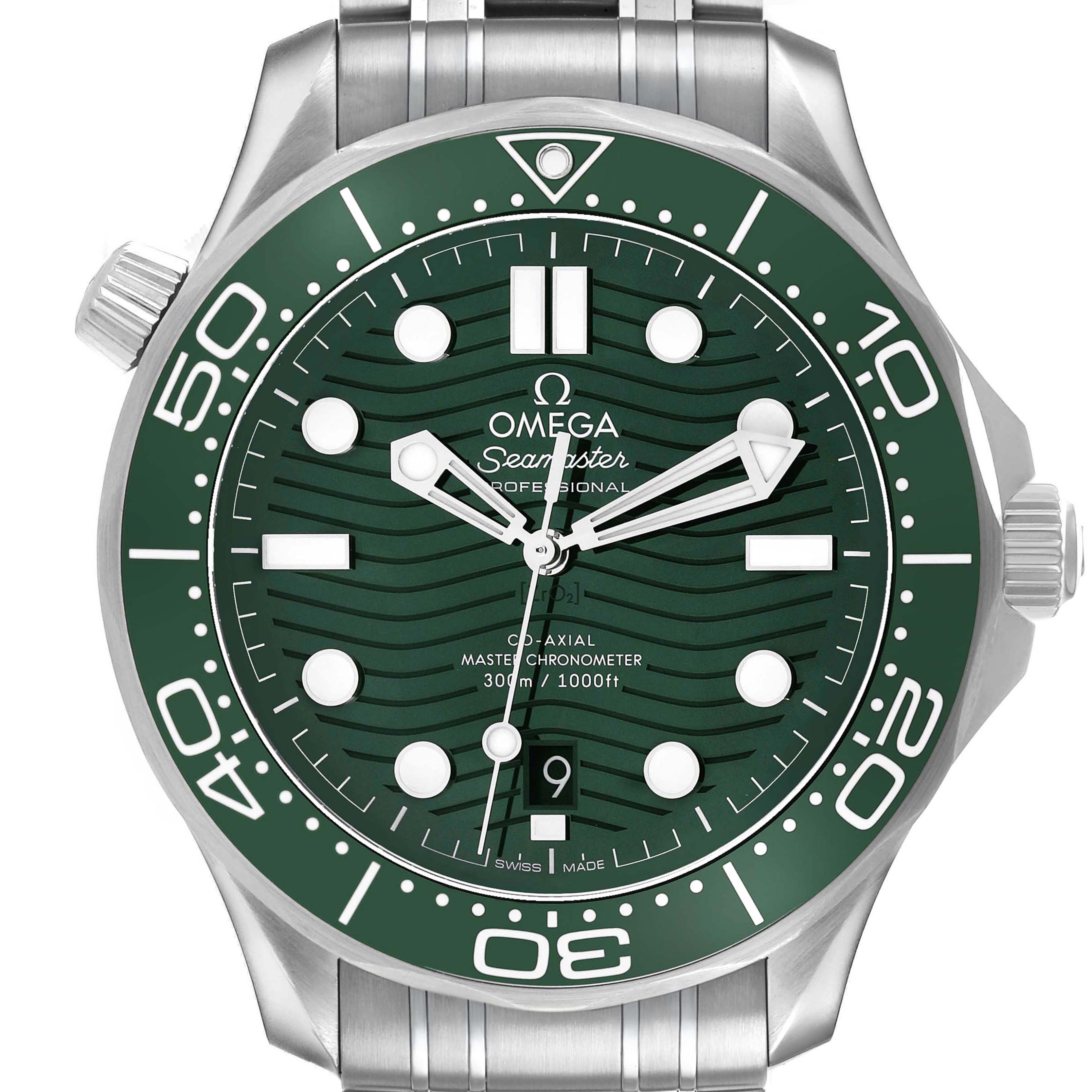 The Omega Seamaster 210.30.42.20.10.001 Men's Stainless Steel Green Dial watch is shown from the front, highlighting its green dial, bezel, and bracelet.