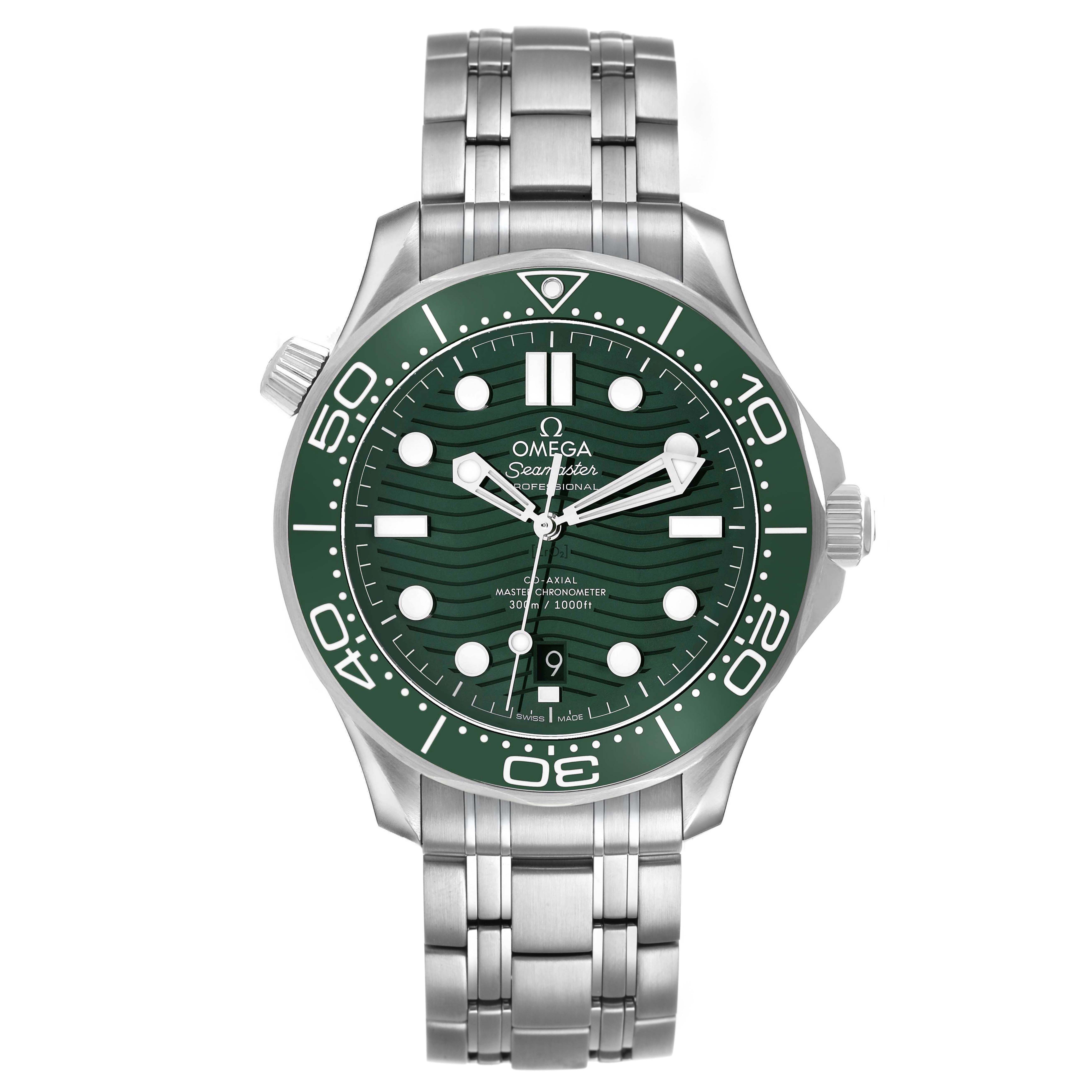 The Omega Seamaster 210.30.42.20.10.001 Men's Stainless Steel Green Dial is shown from the front, highlighting its green dial, bezel, and stainless steel bracelet.
