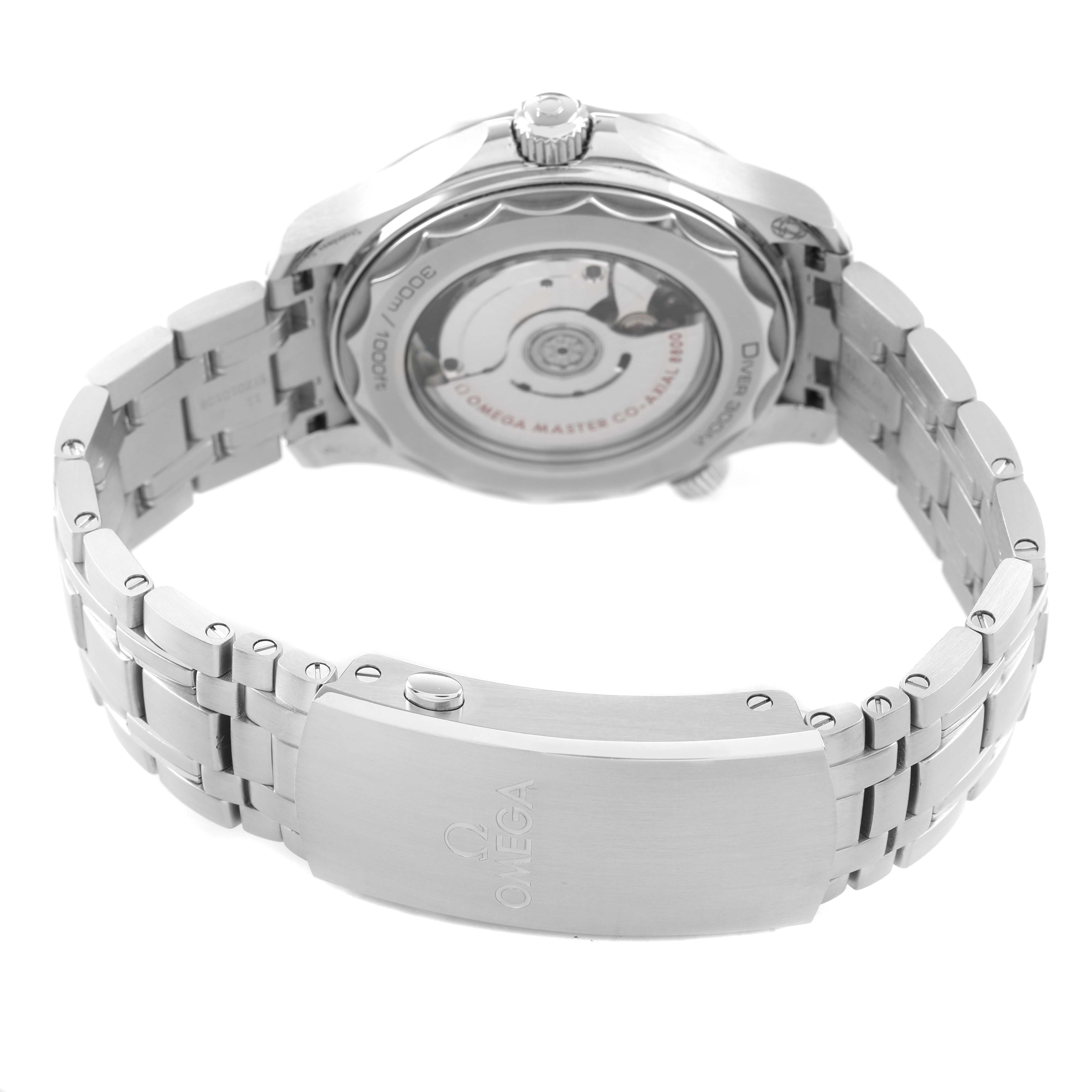 The image shows the back view of the Omega Seamaster 210.30.42.20.10.001 Men's Stainless Steel Green Dial, highlighting its clasp and bracelet.