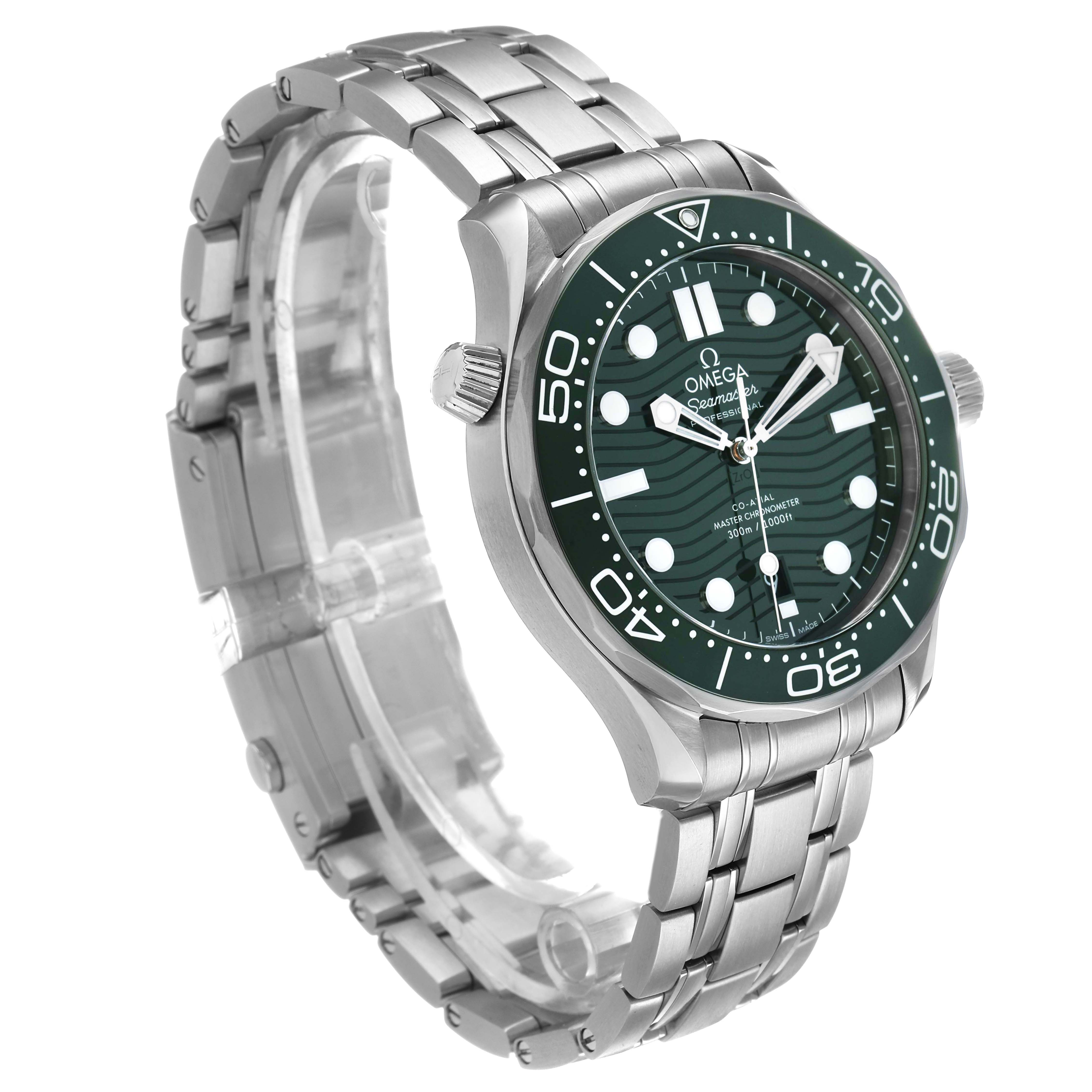 The Omega Seamaster 210.30.42.20.10.001 Men's Stainless Steel Green Dial watch is shown at a three-quarter angle, highlighting the face, bezel, crown, and bracelet.