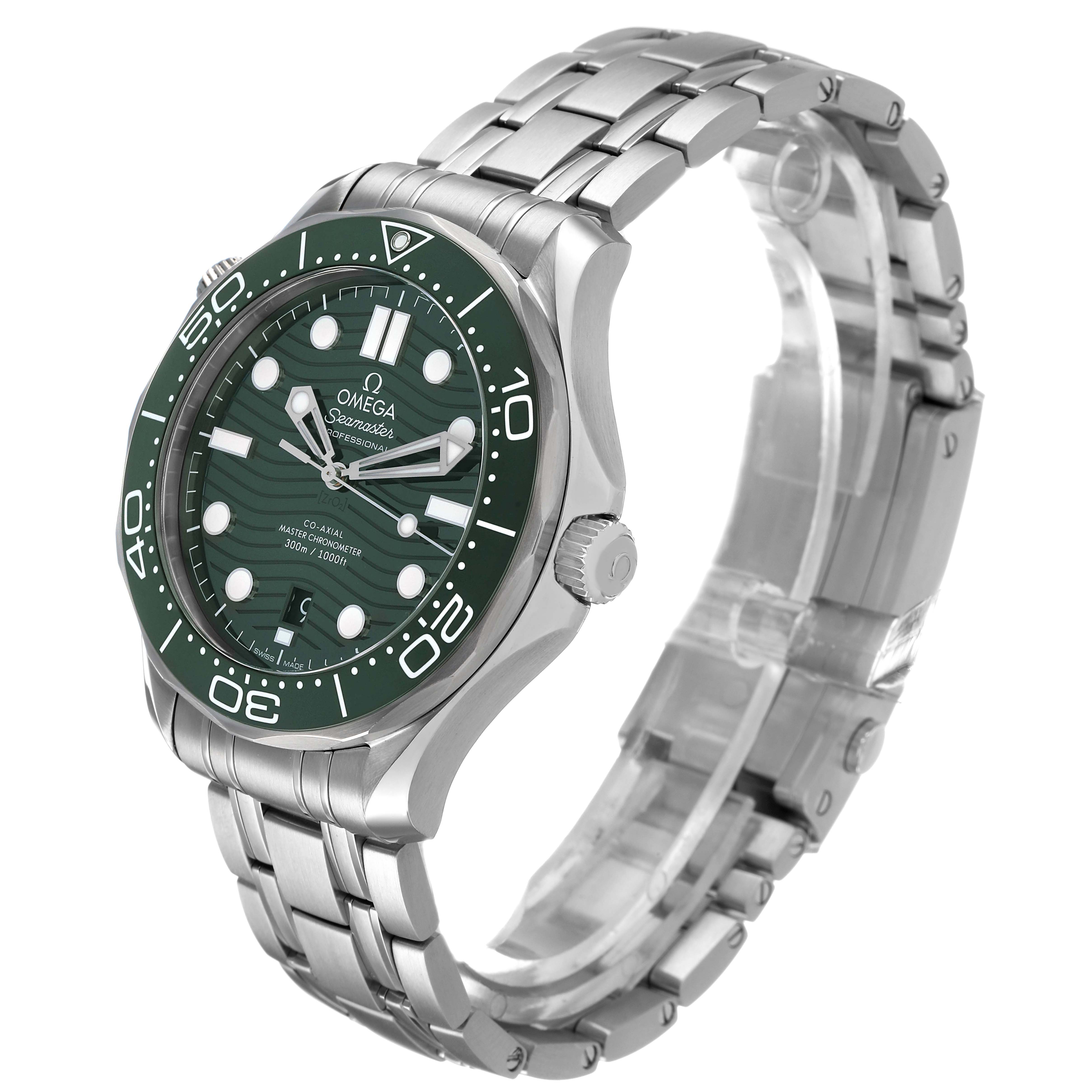 The Omega Seamaster 210.30.42.20.10.001 Men's Stainless Steel Green Dial watch is shown at a three-quarter angle, highlighting the green face, bezel, and stainless steel bracelet.