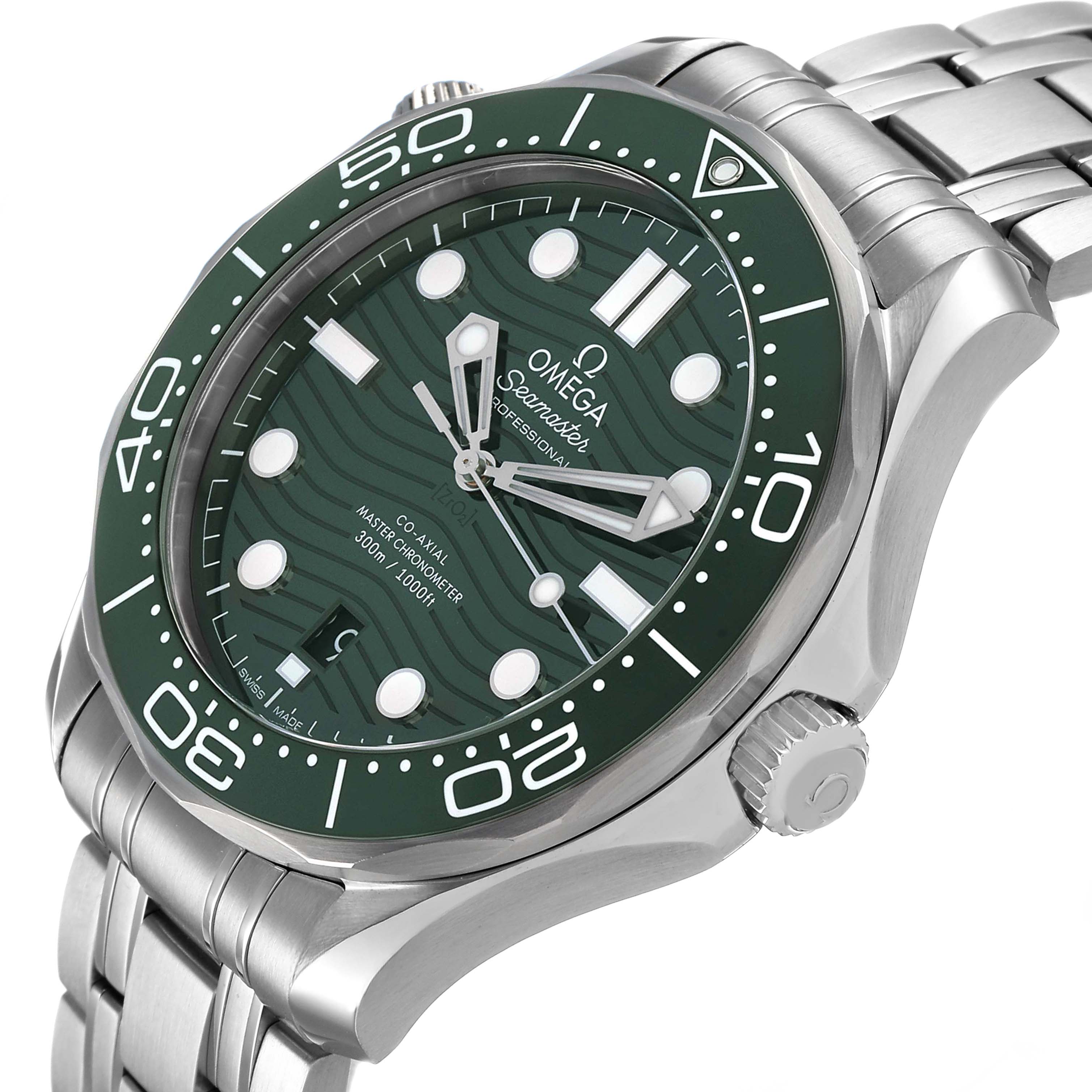 The Omega Seamaster 210.30.42.20.10.001 Men's Stainless Steel Green Dial watch is angled to show the front face, bezel, crown, and part of the bracelet.