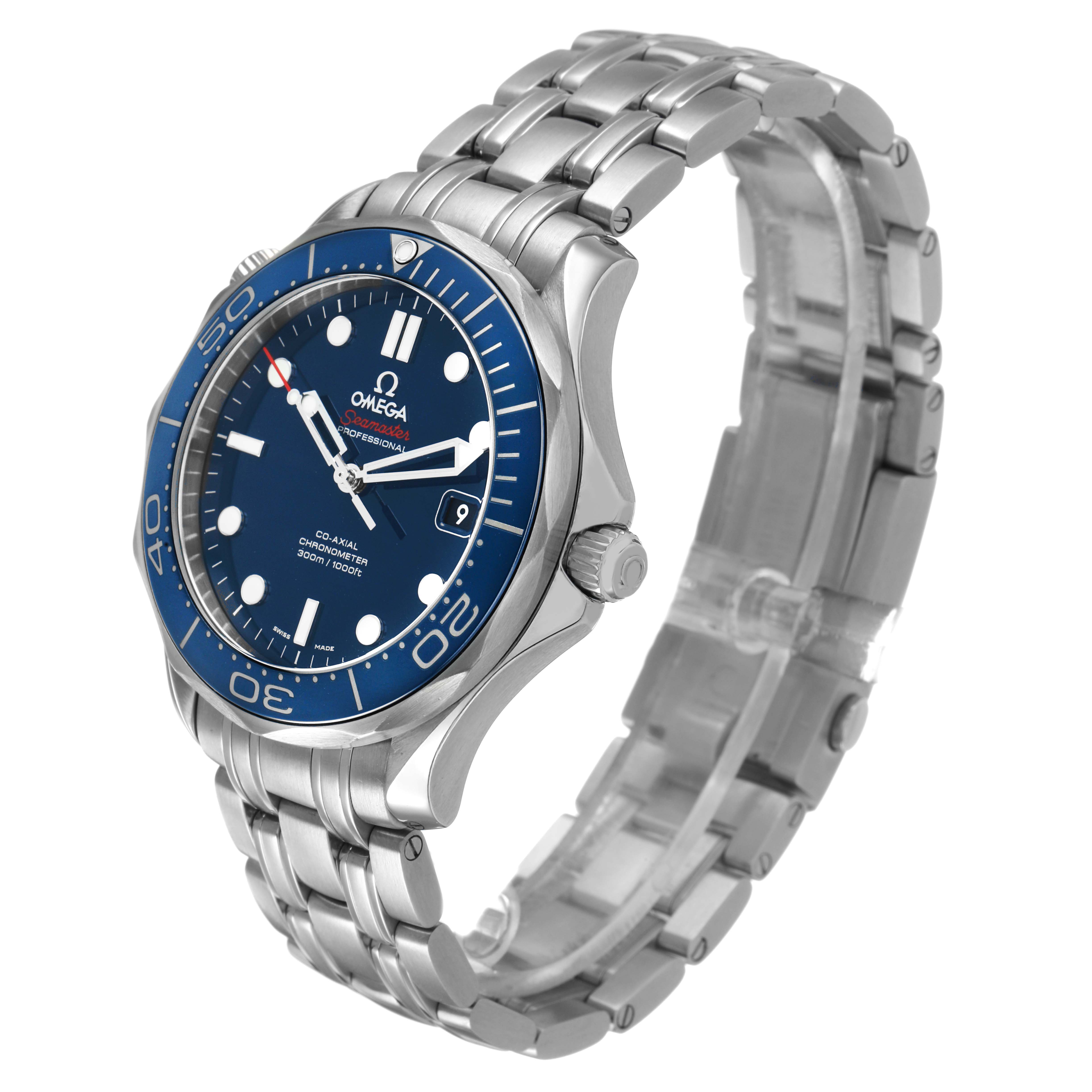 The Omega Seamaster 212.30.41.20.03.001 Men's Stainless Steel Blue Dial watch is shown from a three-quarter angle, highlighting its face, bezel, crown, and bracelet.