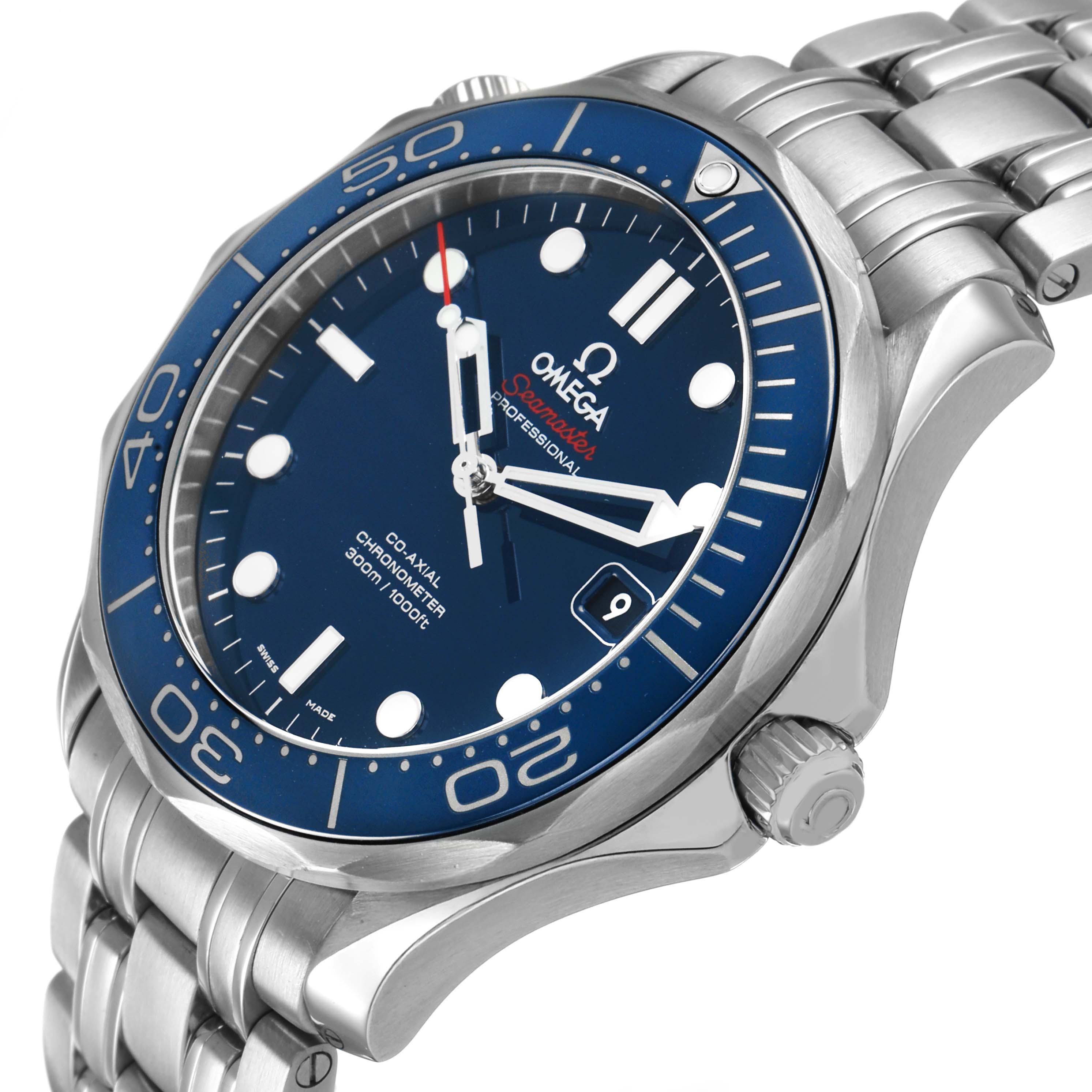 The Omega Seamaster 212.30.41.20.03.001 Men's Stainless Steel Blue Dial watch is shown at a slight angle, highlighting the blue dial, bezel, crown, and part of the metal bracelet.