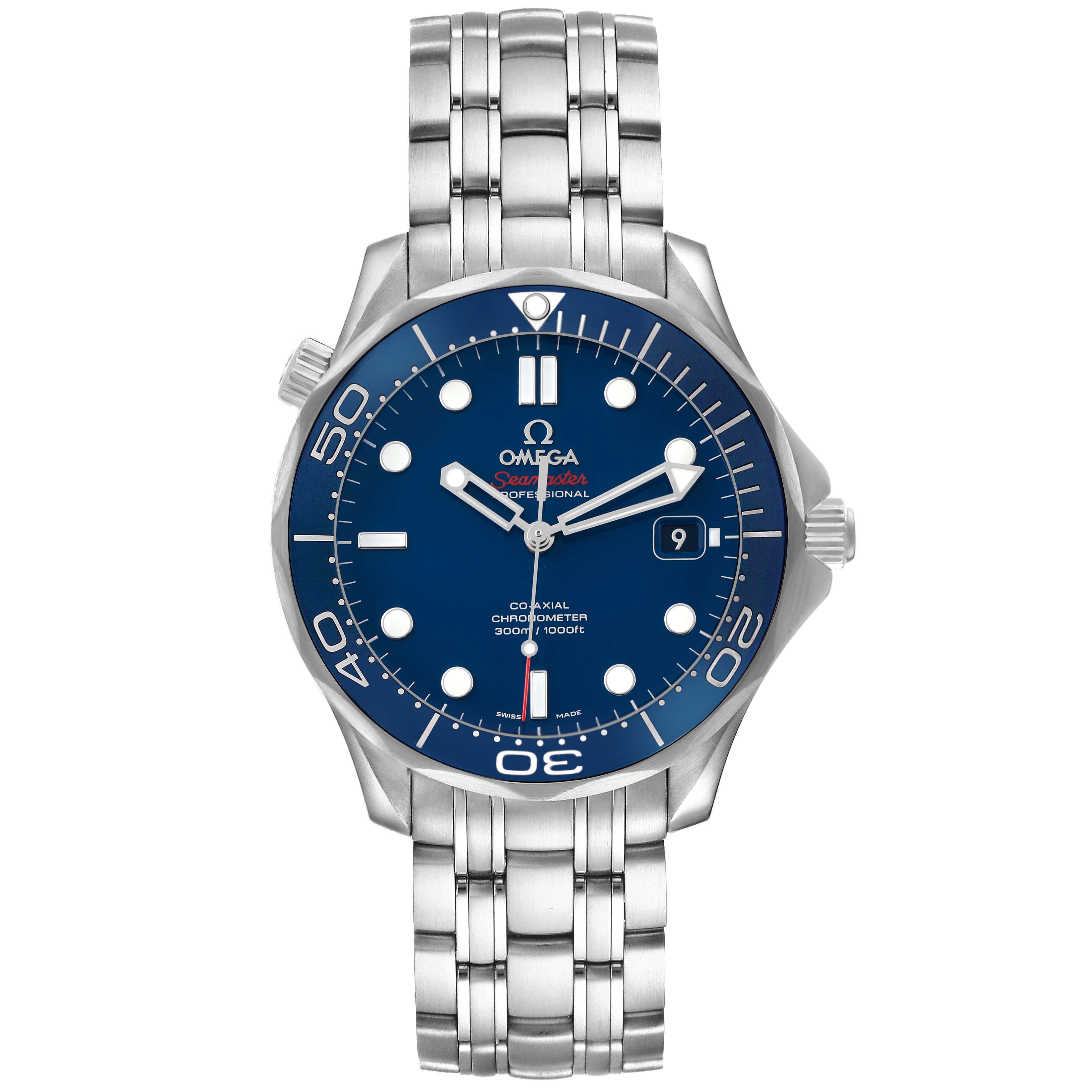 The Omega Seamaster 212.30.41.20.03.001 Men's Stainless Steel Blue Dial watch is shown from a front angle, displaying its face, bezel, and bracelet.