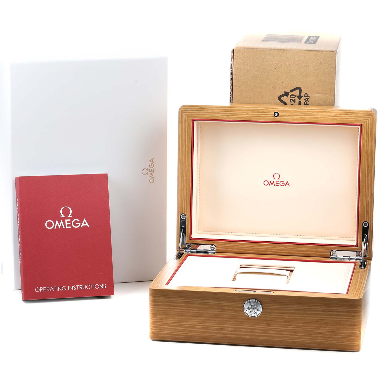 The image shows an open Omega Seamaster 212.30.41.20.03.001 Men's Stainless Steel Blue Dial watch box, operating instructions, and outer packaging from a frontal angle.