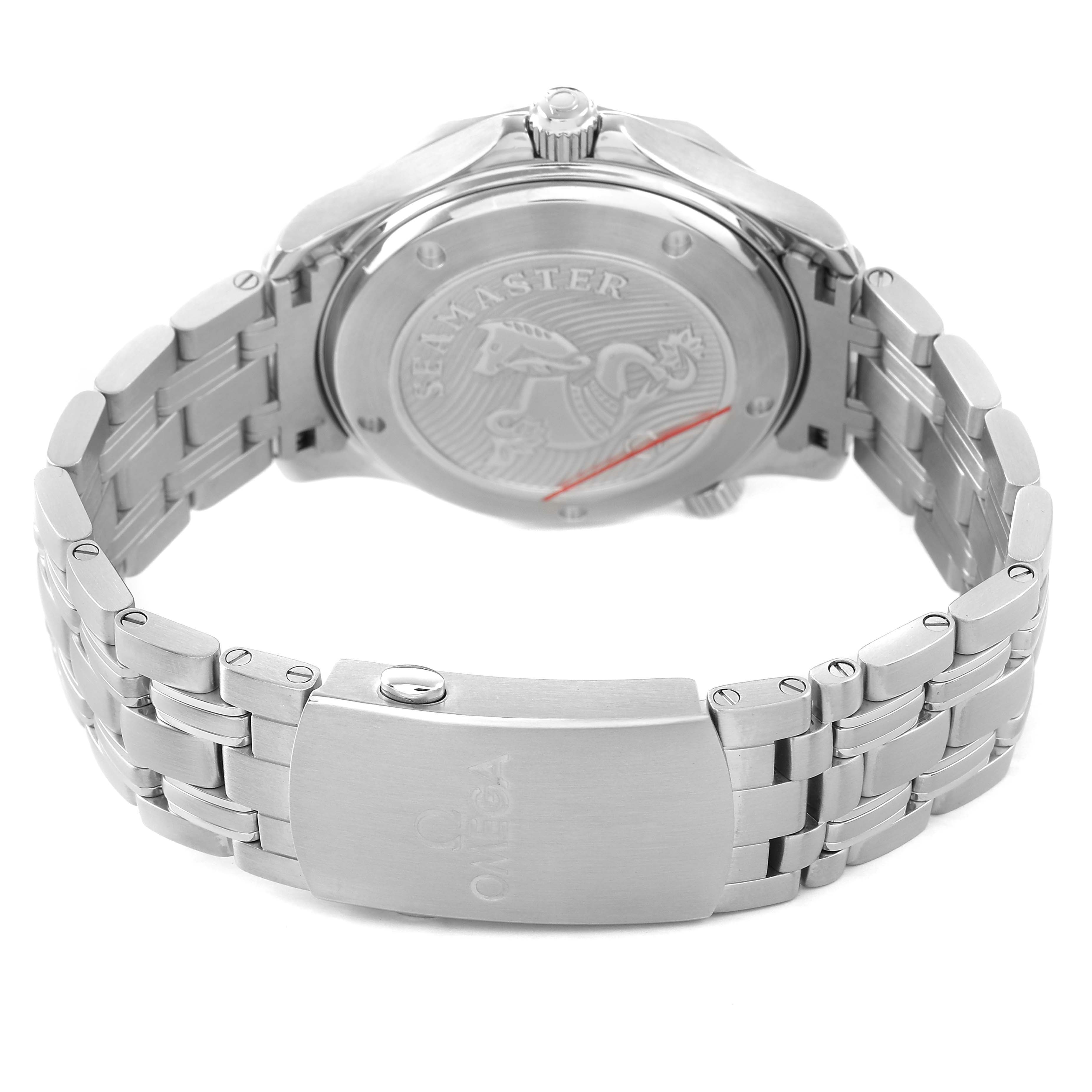 The image shows the back case and bracelet of the Omega Seamaster 212.30.41.20.03.001 Men's Stainless Steel Blue Dial, highlighting its engraved back and clasp.