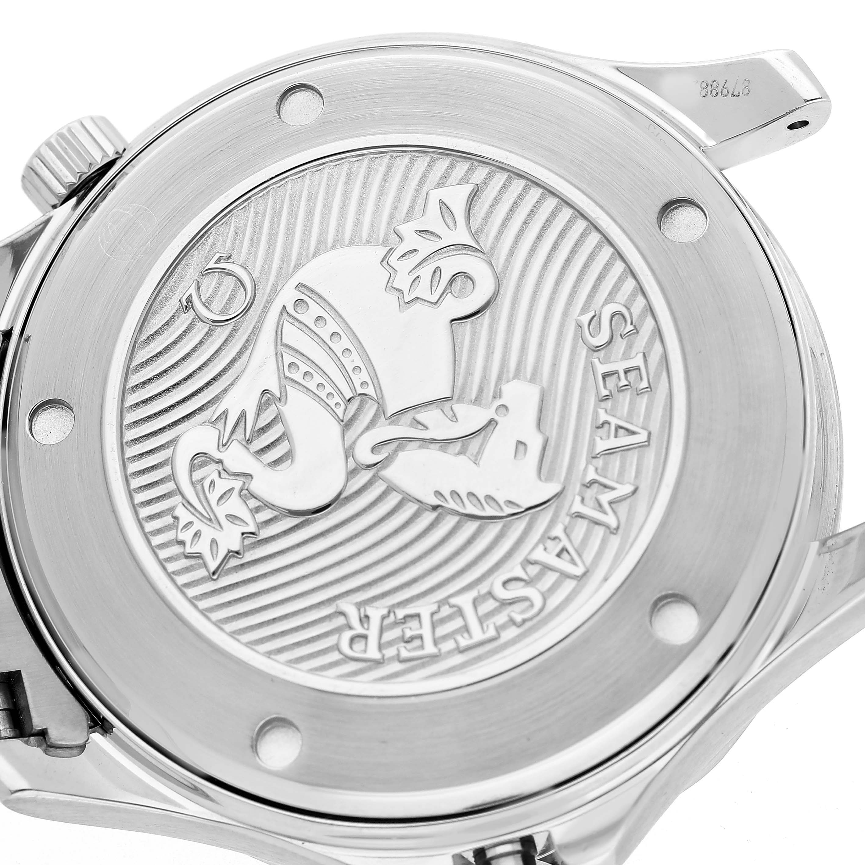 The image shows the engraved case back of an Omega Seamaster 212.30.41.20.03.001 Men's Stainless Steel Blue Dial watch from a close-up angle, highlighting the branding and design.