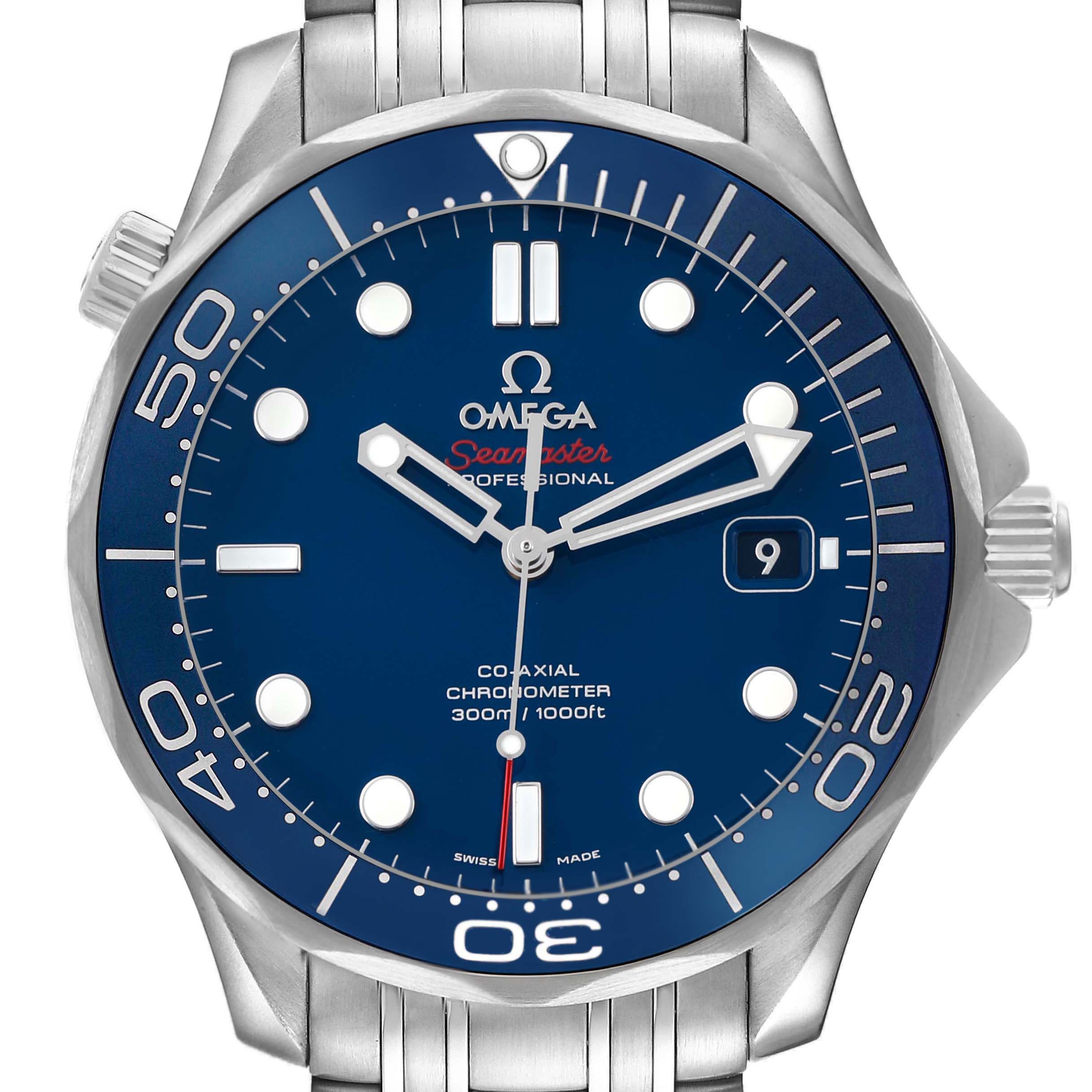 The Omega Seamaster 212.30.41.20.03.001 Men's Stainless Steel Blue Dial watch is shown from the front, highlighting the blue dial, bezel, and part of the bracelet.