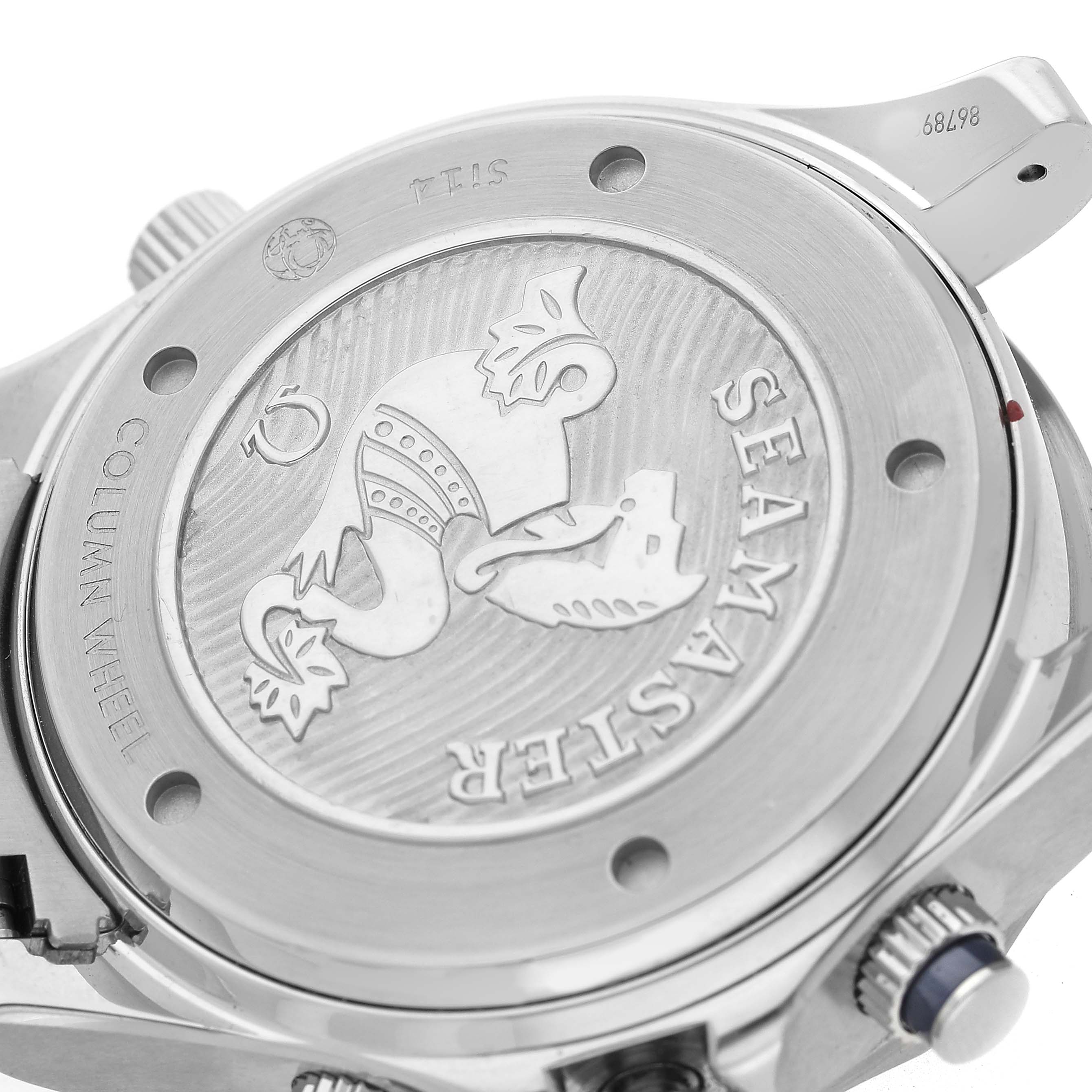 The image shows the back case of the Omega Seamaster 212.30.44.50.03.001 Men's Stainless Steel Blue Dial watch, featuring the emblem and engraved details.