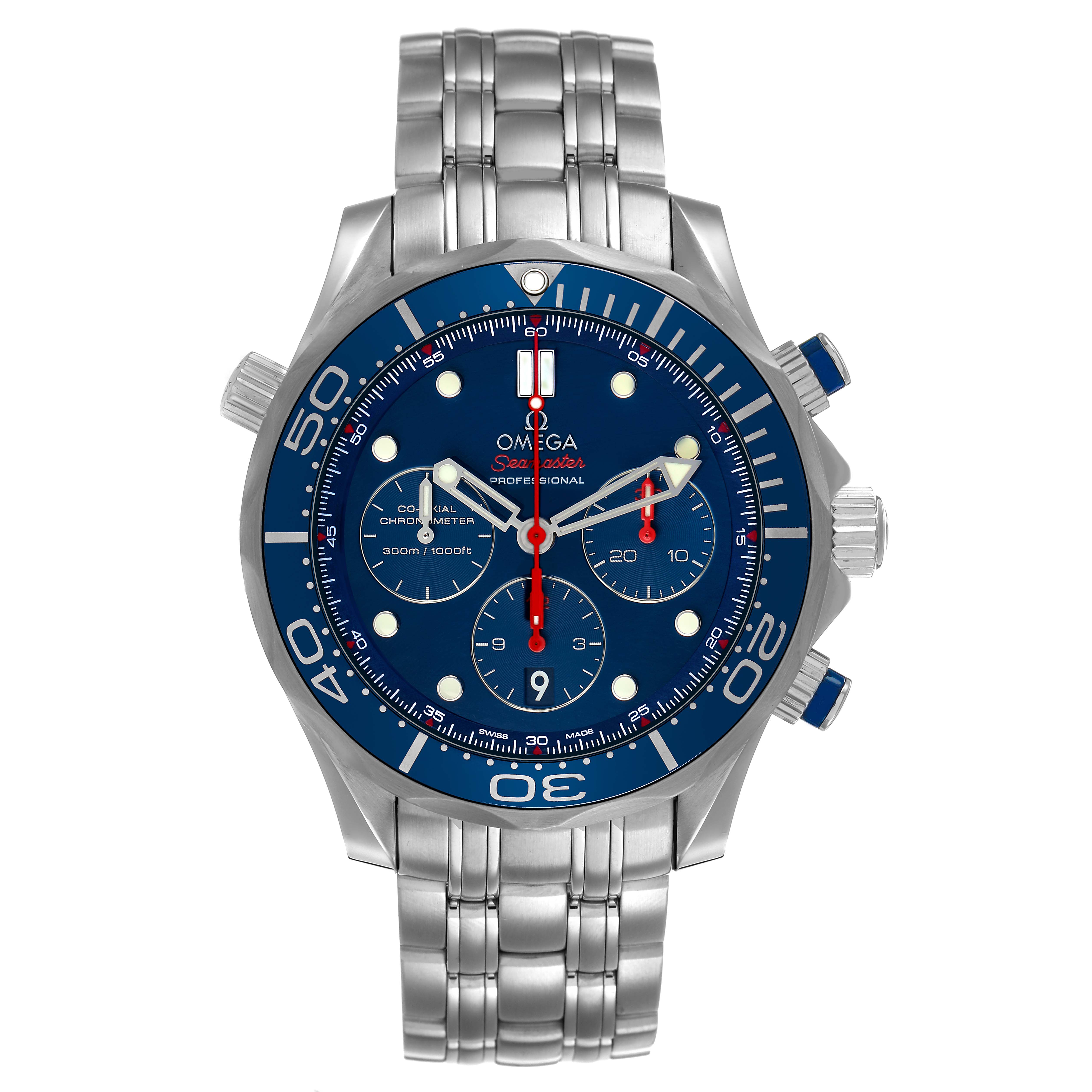 The Omega Seamaster 212.30.44.50.03.001 Men's Stainless Steel Blue Dial watch is shown from a front angle, featuring its blue dial, subdials, and silver bracelet.