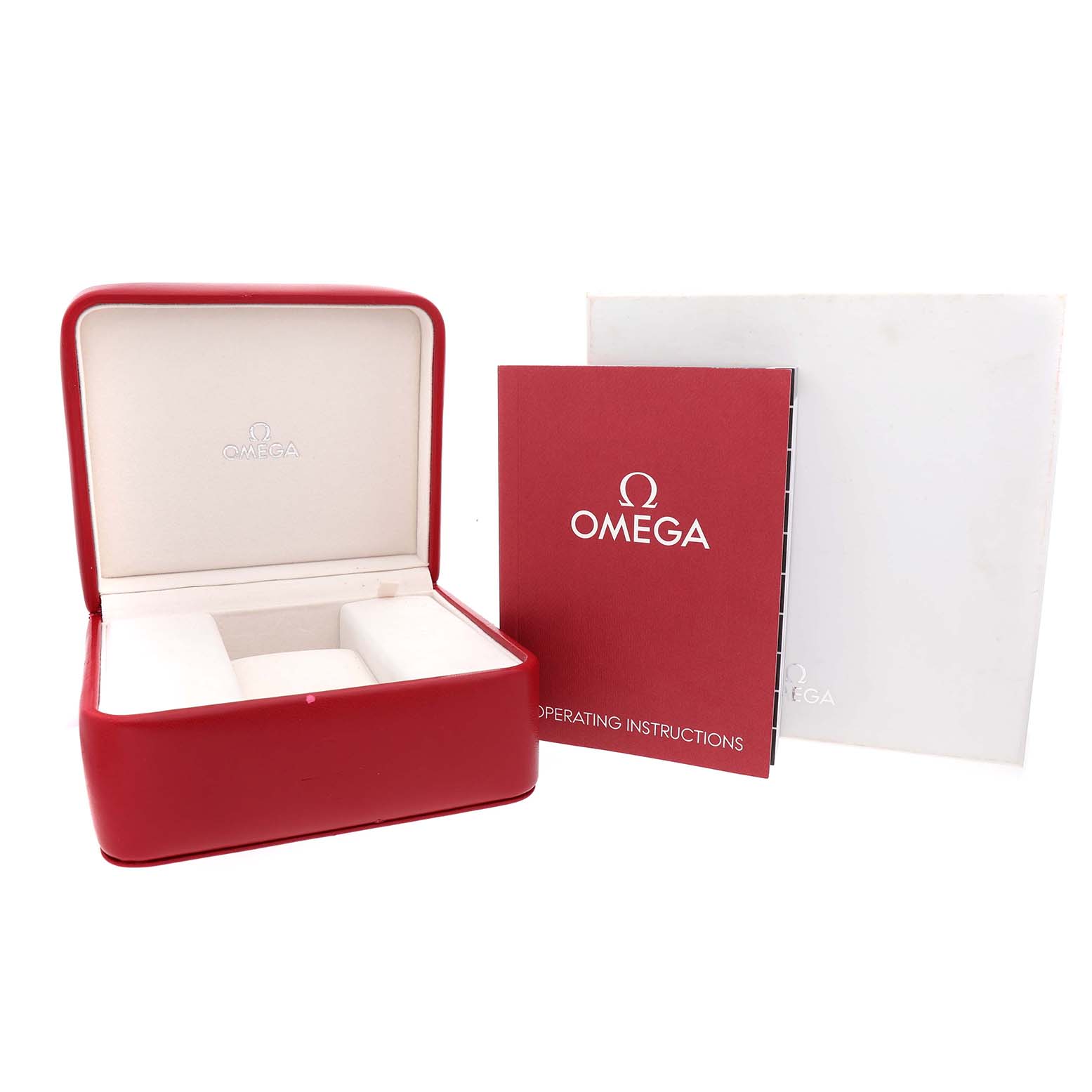 The image shows an Omega Seamaster 212.30.44.50.03.001 Men's Stainless Steel Blue Dial watch box, instruction manual, and outer packaging from a front angle.