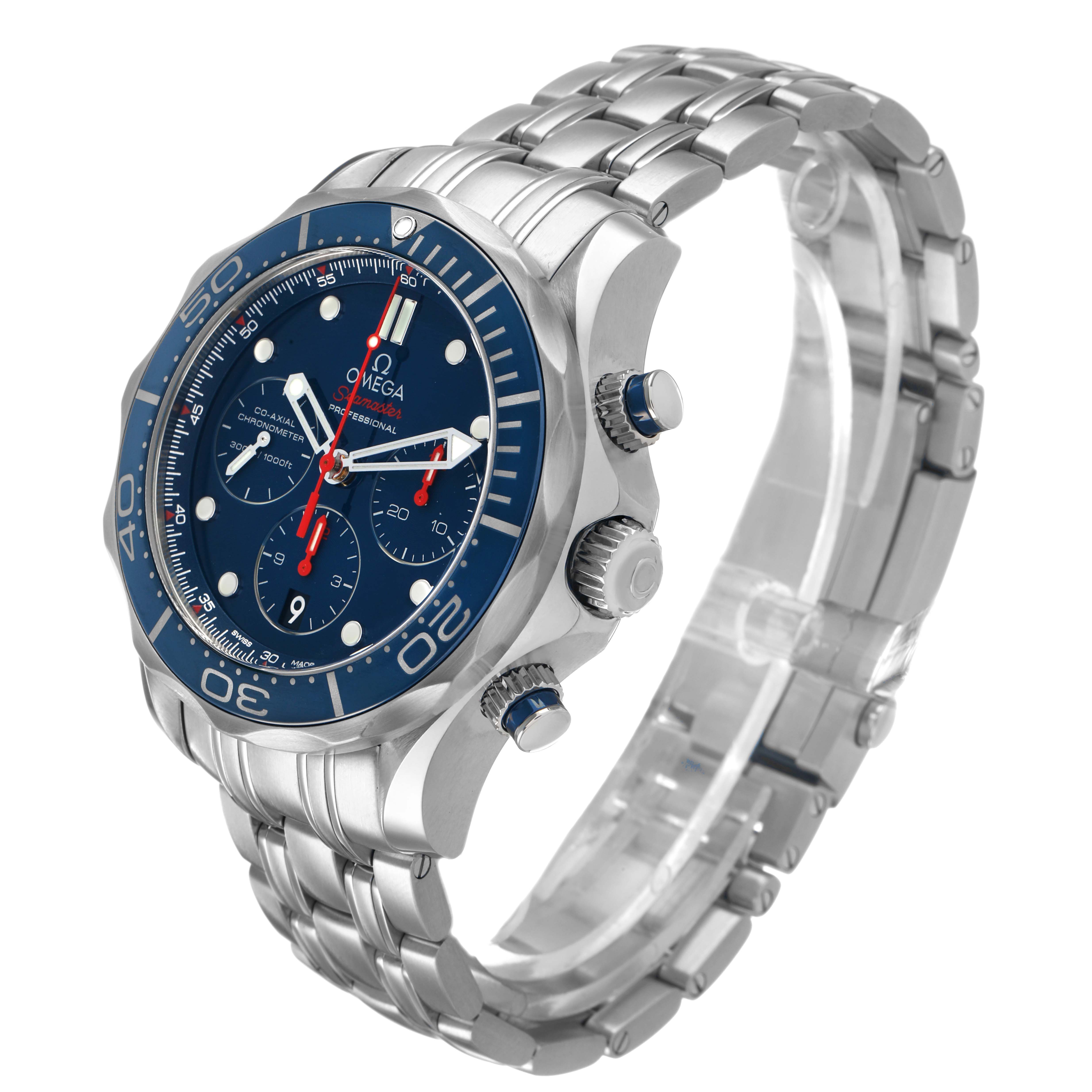 The Omega Seamaster 212.30.44.50.03.001 Men's Stainless Steel Blue Dial watch is shown from a three-quarter angle highlighting the face, bezel, chronograph dials, crown, and bracelet.