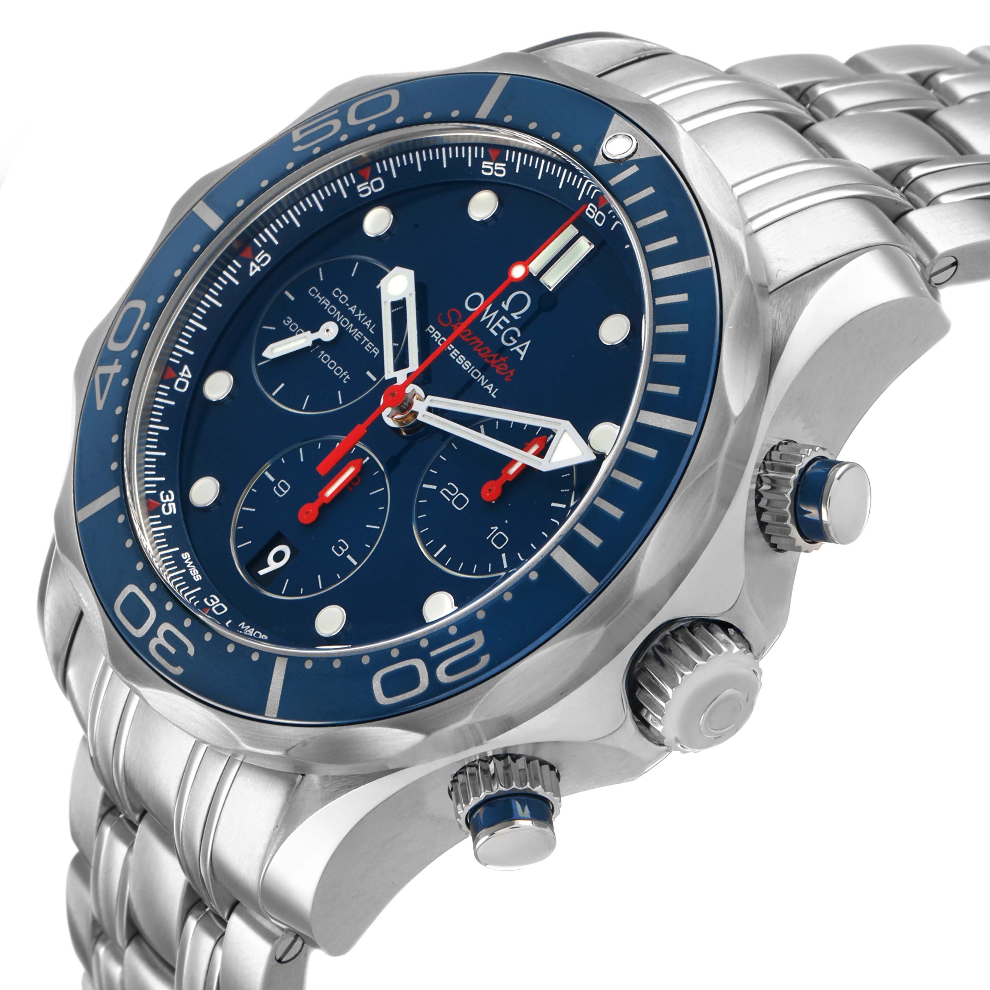 The Omega Seamaster 212.30.44.50.03.001 Men's Stainless Steel Blue Dial model is shown from an upper angle displaying its bezel, dial, pushers, and bracelet.