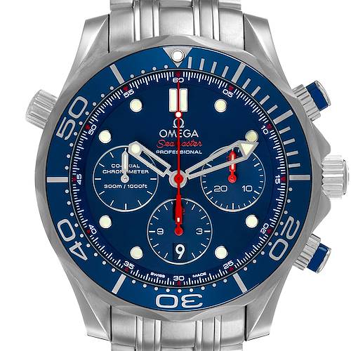 The Omega Seamaster 212.30.44.50.03.001 Men's Stainless Steel Blue Dial model is shown from a front angle, highlighting the blue dial, bezel, chronograph subdials, and metal bracelet.