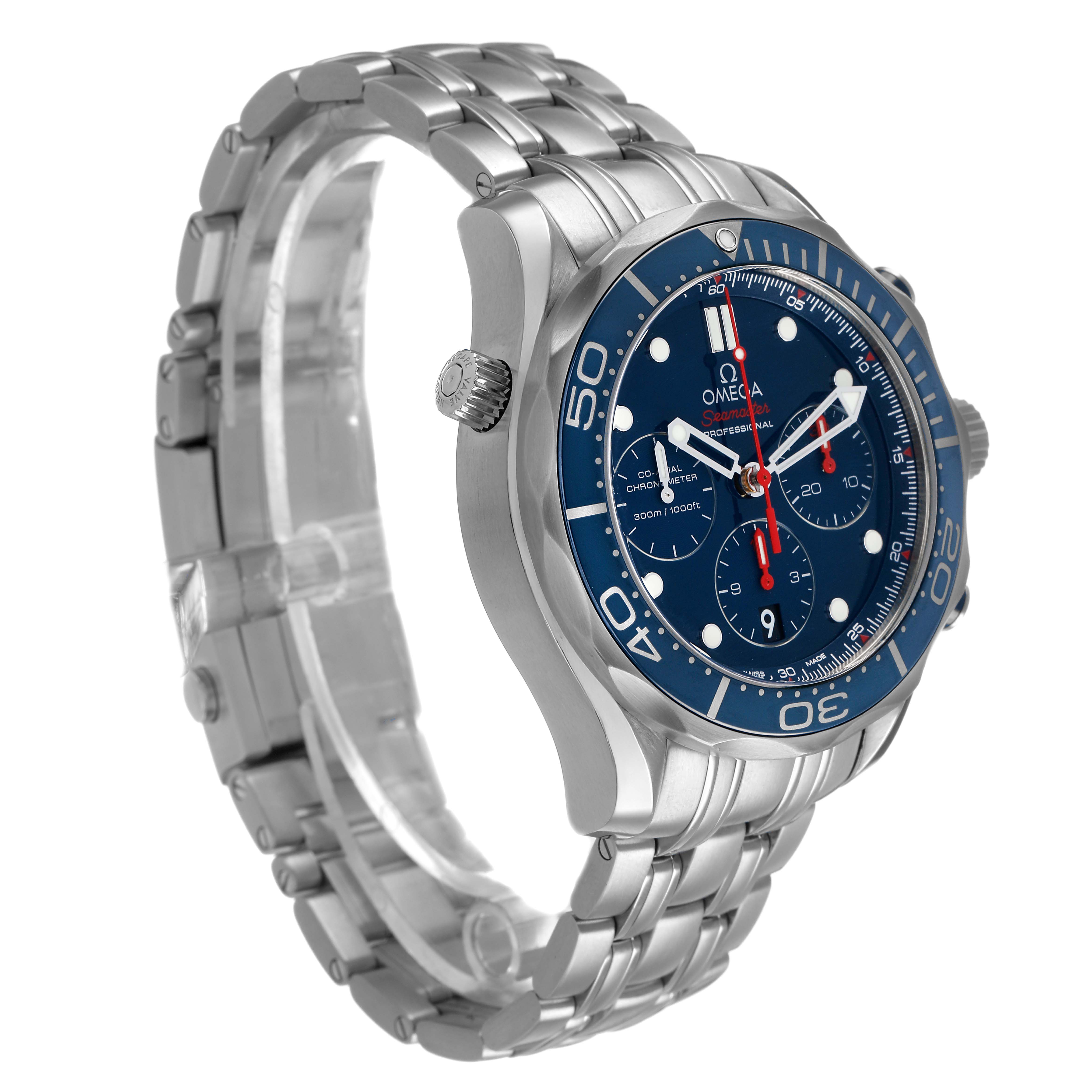 The Omega Seamaster 212.30.44.50.03.001 Men's Stainless Steel Blue Dial watch is shown from a three-quarter angle, highlighting its face, bezel, crown, and metal bracelet.