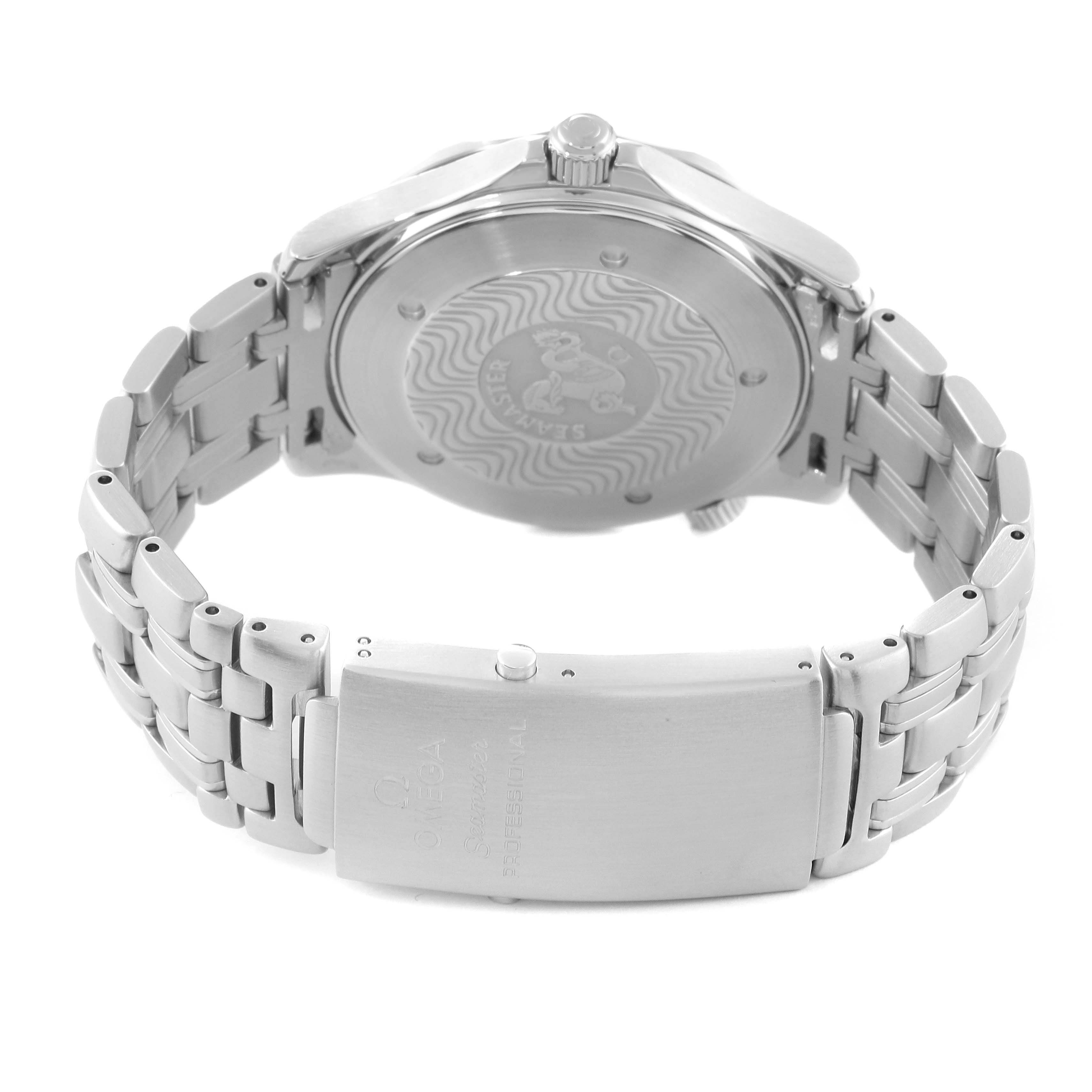 The image shows the back case and bracelet clasp of an Omega Seamaster 2541.80.00 Men's Stainless Steel Blue Dial 2541.80.00 Men's Stainless Steel Blue Dial watch from a rear angle.